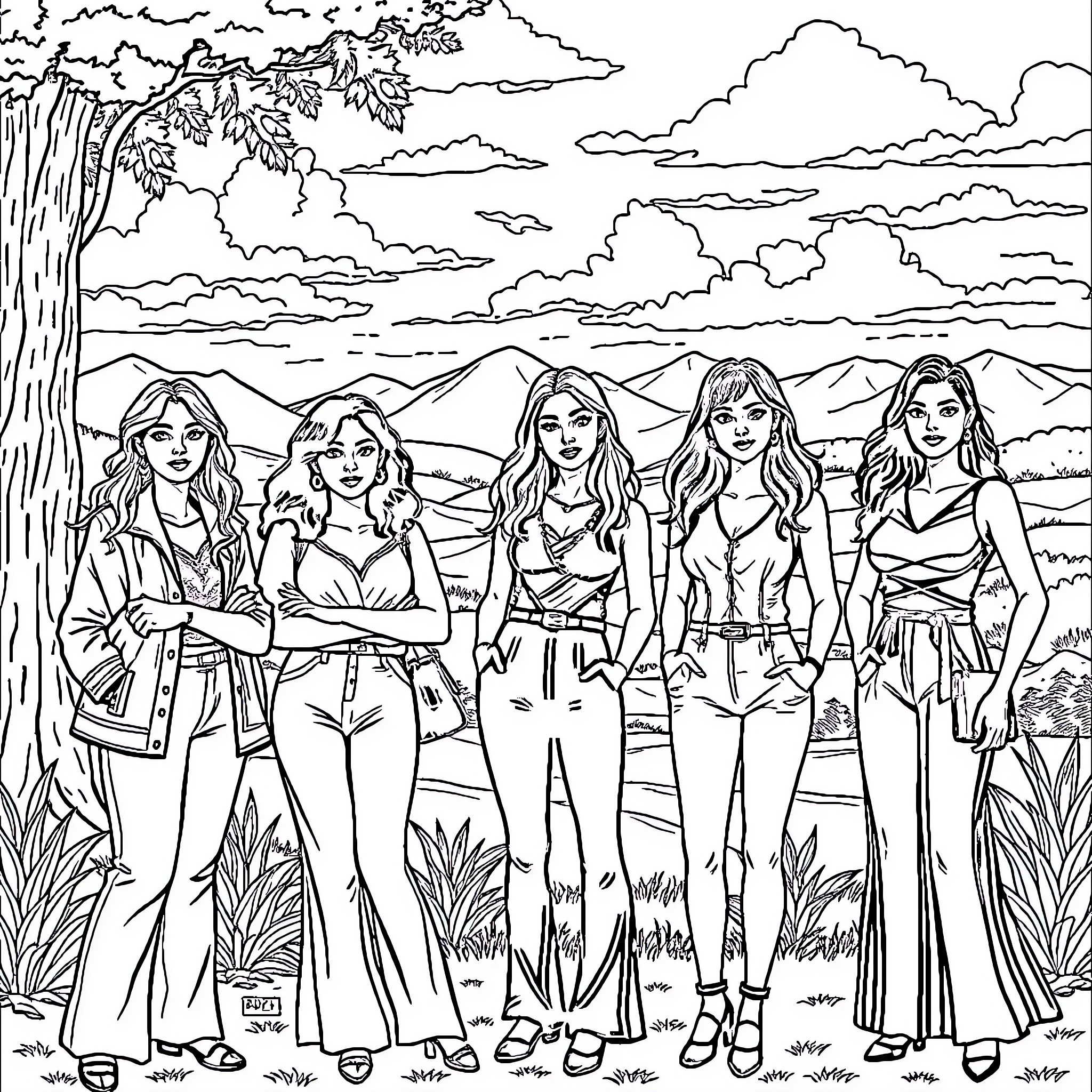 Women exploring scenic mountain landscape Coloring Page (free black-and-white line drawing printable PDF for all, from beginners to advanced learners, including children, teens, adults, and seniors)