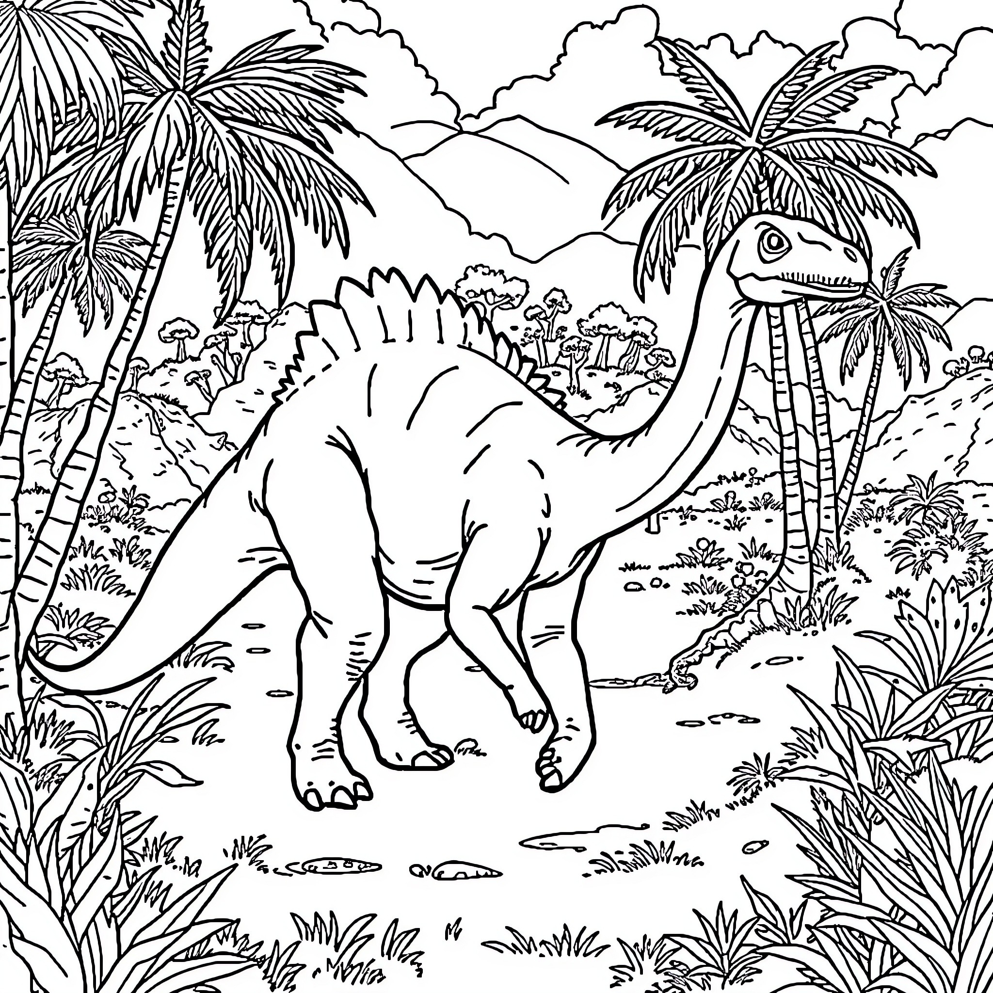 Aardonyx Dinosaur in Tropical Landscape Coloring Page (free black-and-white line drawing printable PDF for all, from beginners to advanced learners, including children, teens, adults, and seniors)