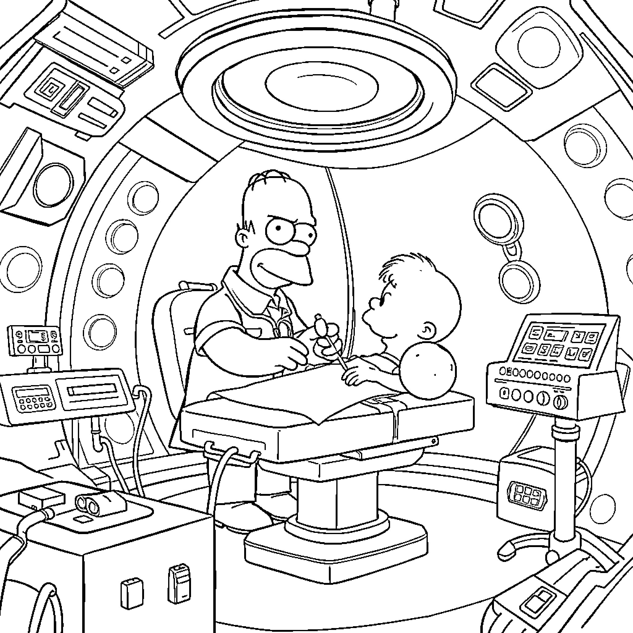 Homer Simpson examining a patient in a futuristic medical setting Coloring Page (free black-and-white line drawing printable PDF for all, from beginners to advanced learners, including children, teens, adults, and seniors)