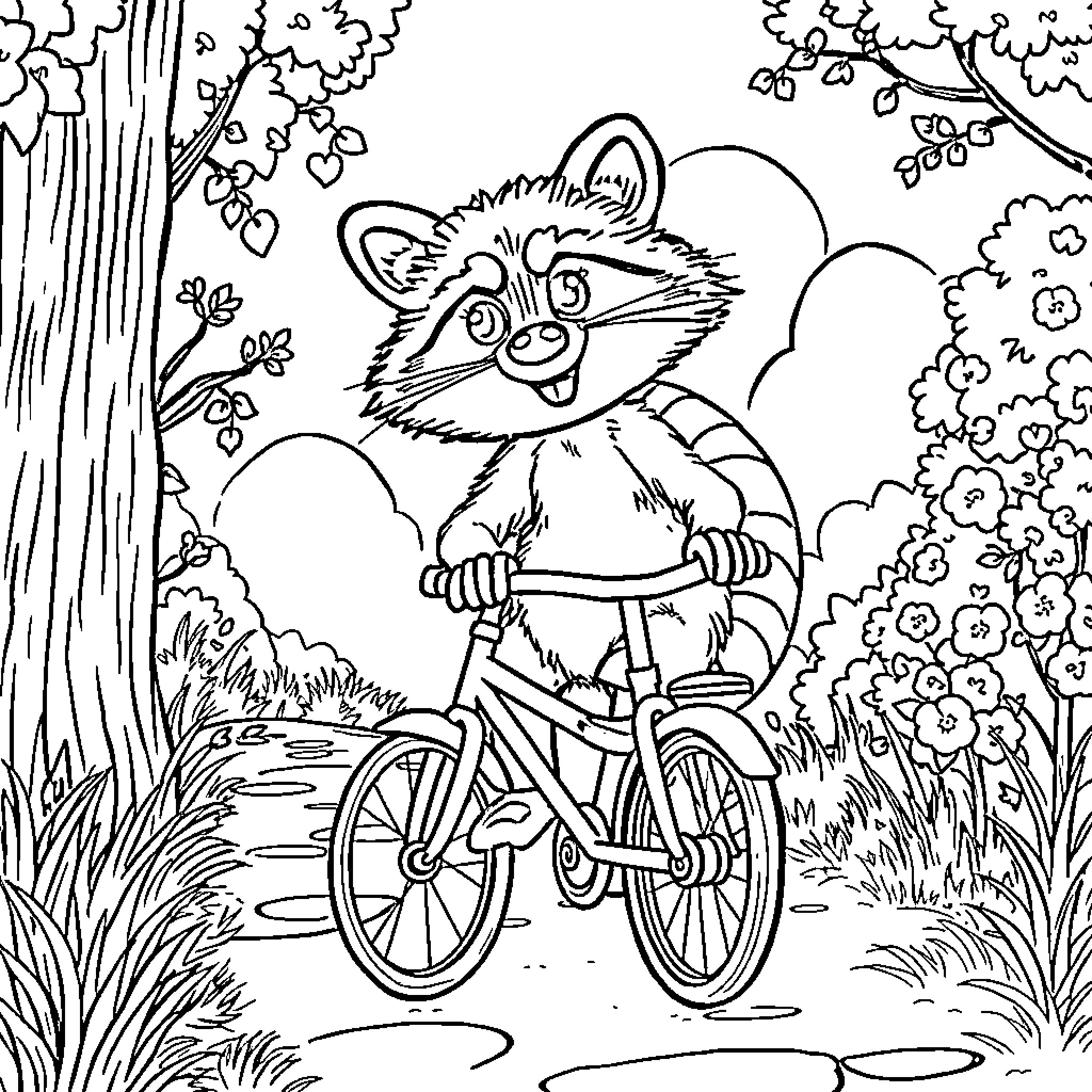 Raccoon riding a bicycle in the forest Coloring Page (free black-and-white line drawing printable PDF for all, from beginners to advanced learners, including children, teens, adults, and seniors)