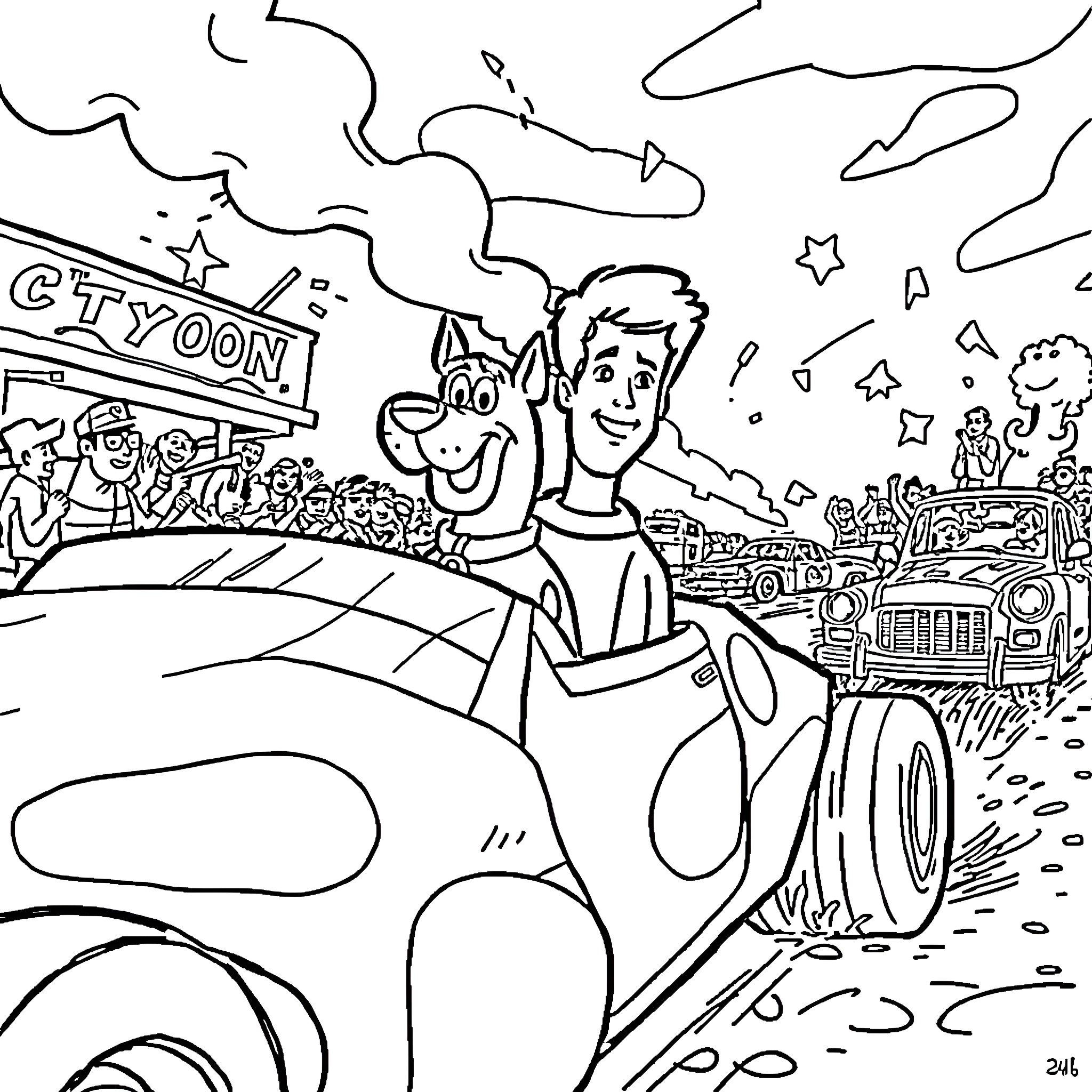 Scooby Doo and Friends Embark on an Exciting Adventure Coloring Page (free black-and-white line drawing printable PDF for all, from beginners to advanced learners, including children, teens, adults, and seniors)
