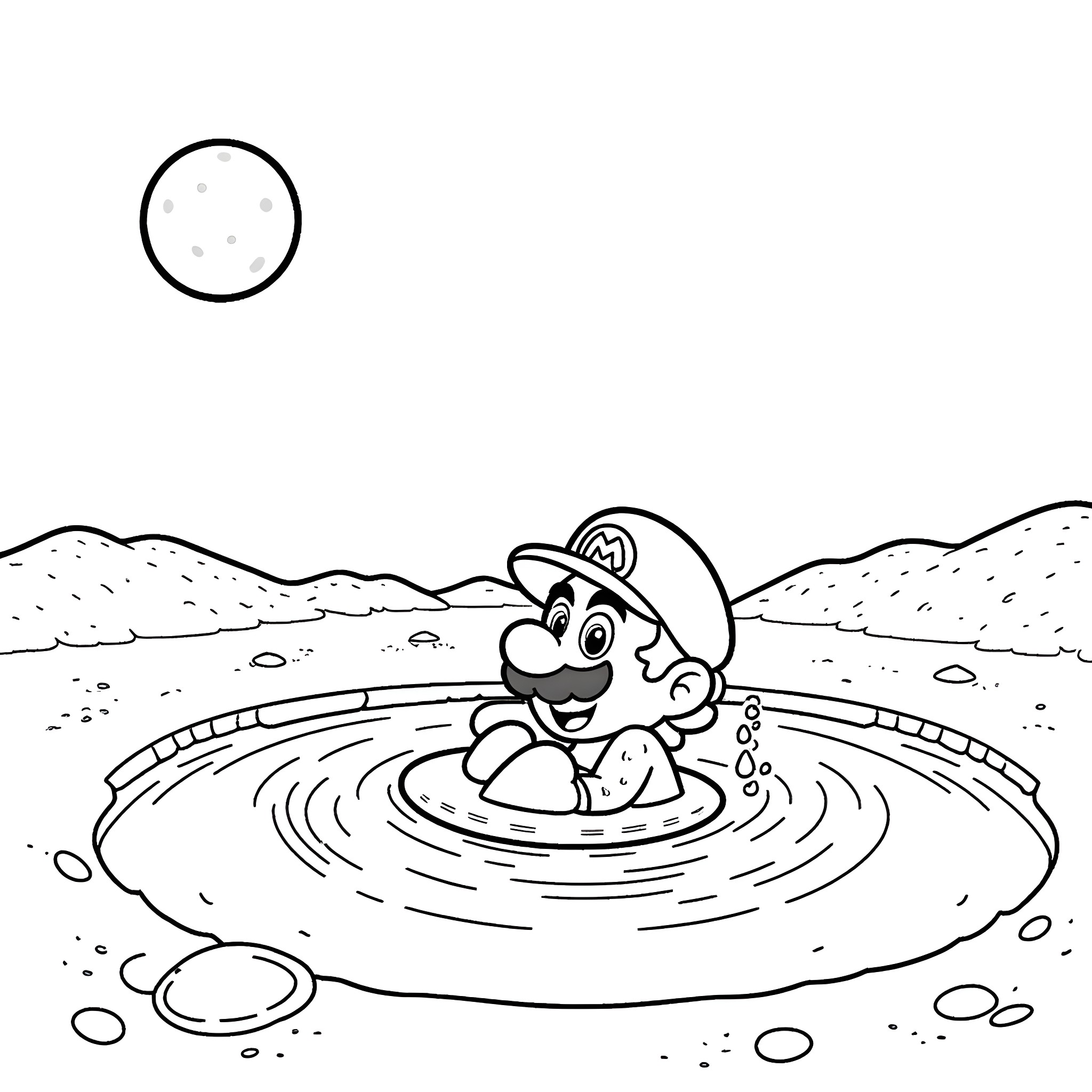 Mario splashing in a puddle Coloring Page (free black-and-white line drawing printable PDF for all, from beginners to advanced learners, including children, teens, adults, and seniors)