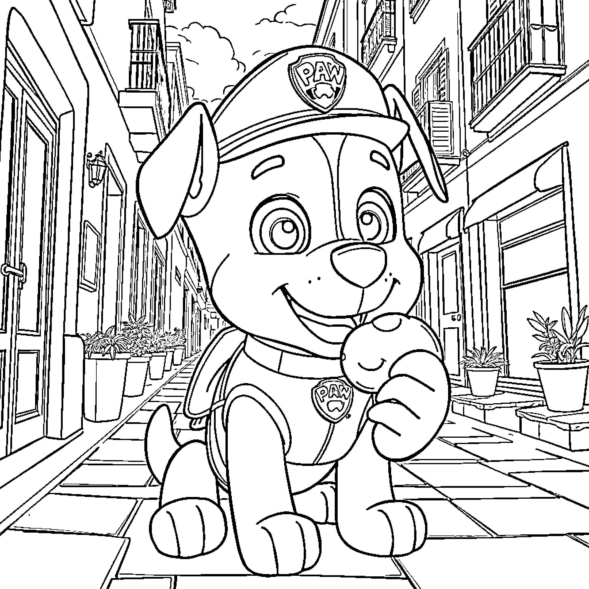 Marshall's Paw-some Adventure in the City Coloring Page (free black-and-white line drawing printable PDF for all, from beginners to advanced learners, including children, teens, adults, and seniors)