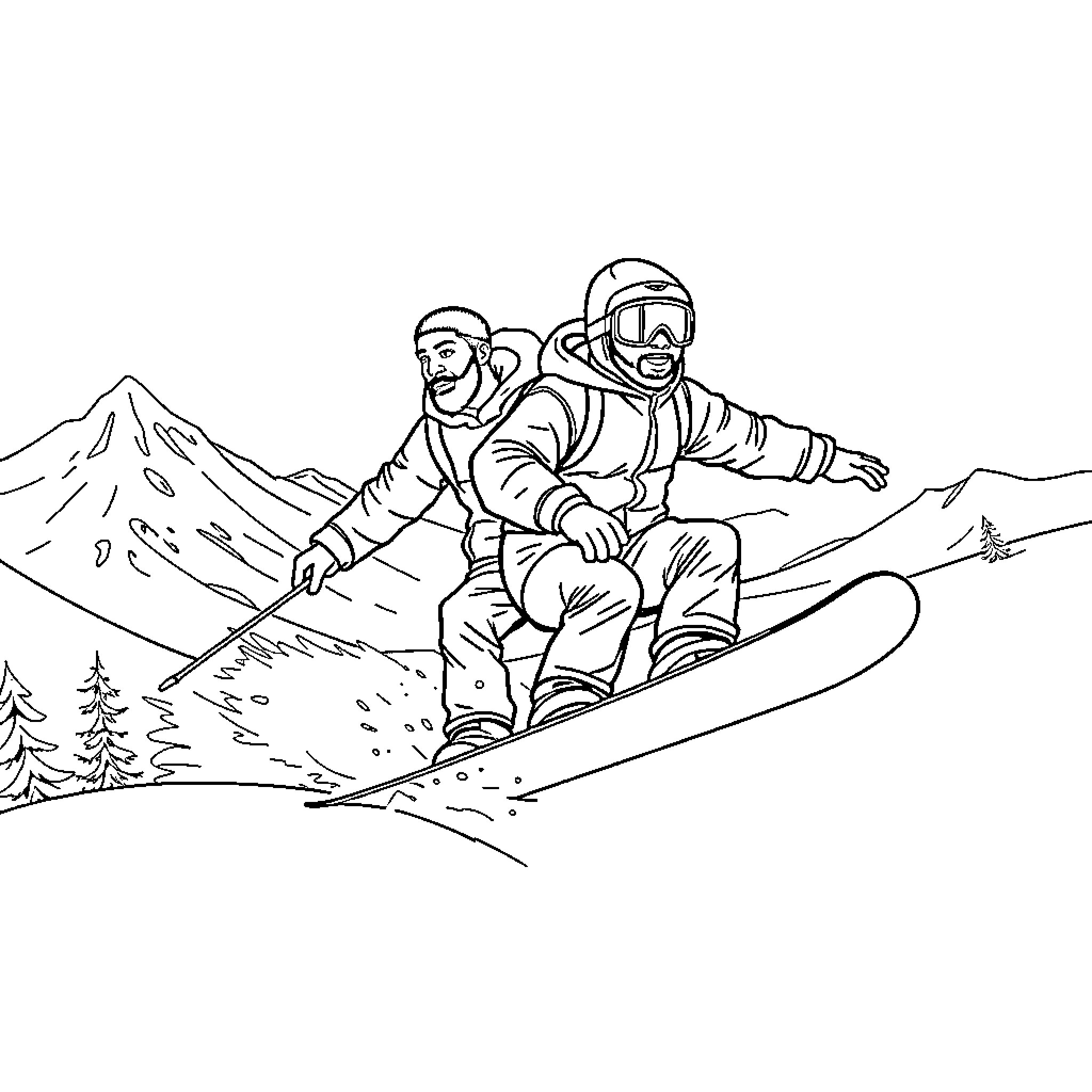 Drake snowboarding with friends on the slopes Coloring Page (free black-and-white line drawing printable PDF for all, from beginners to advanced learners, including children, teens, adults, and seniors)