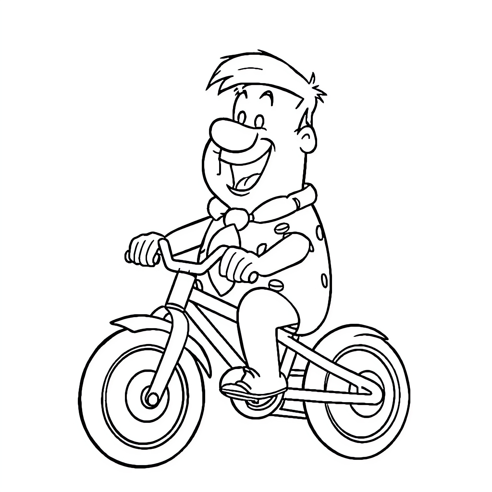 Fred Flintstone rides his prehistoric bicycle happily Coloring Page (free black-and-white line drawing printable PDF for all, from beginners to advanced learners, including children, teens, adults, and seniors)