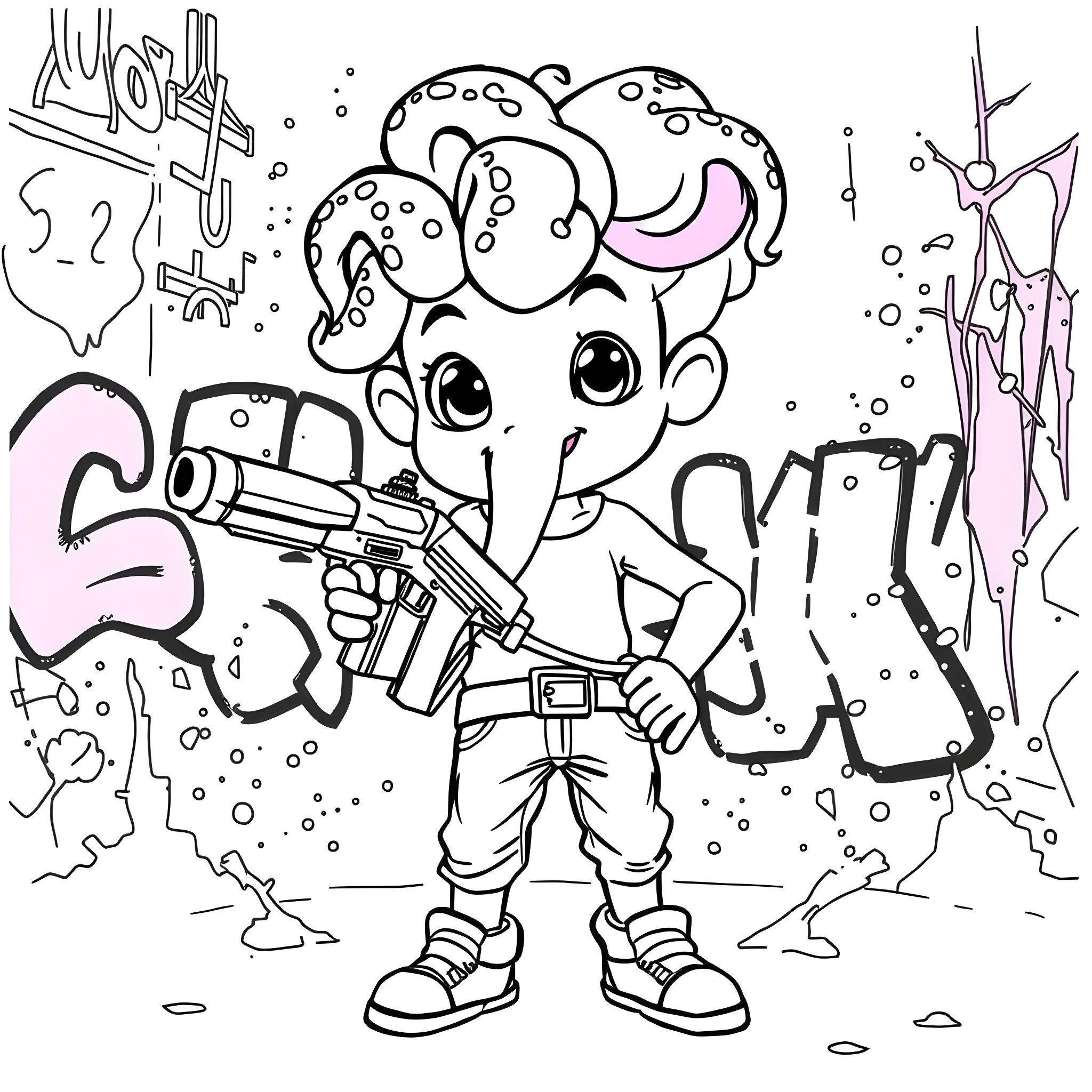 Octoling in action with weapon and graffiti Coloring Page (free black-and-white line drawing printable PDF for all, from beginners to advanced learners, including children, teens, adults, and seniors)