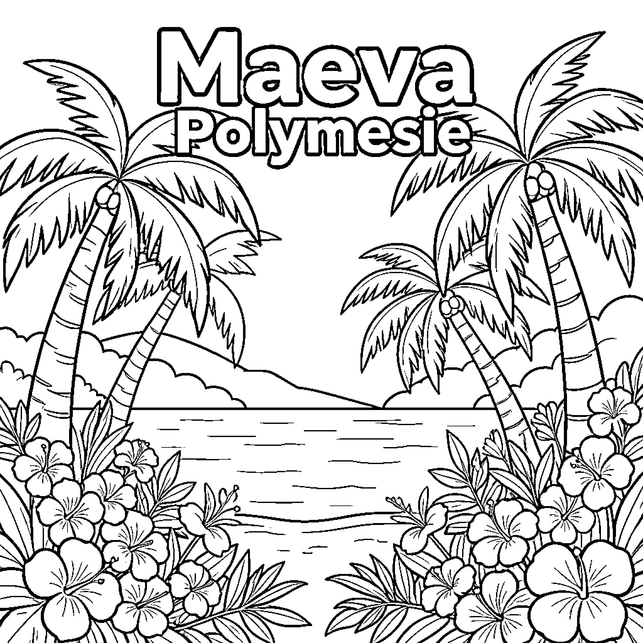 Tropical Landscape with Palm Trees and Flowers Coloring Page (free black-and-white line drawing printable PDF for all, from beginners to advanced learners, including children, teens, adults, and seniors)