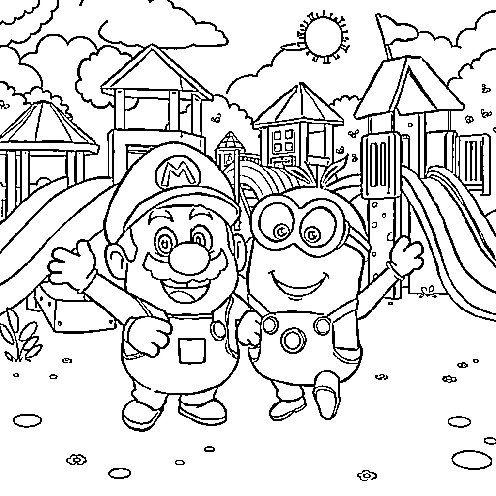 Minion characters exploring a whimsical town Coloring Page (free black-and-white line drawing printable PDF for all, from beginners to advanced learners, including children, teens, adults, and seniors)