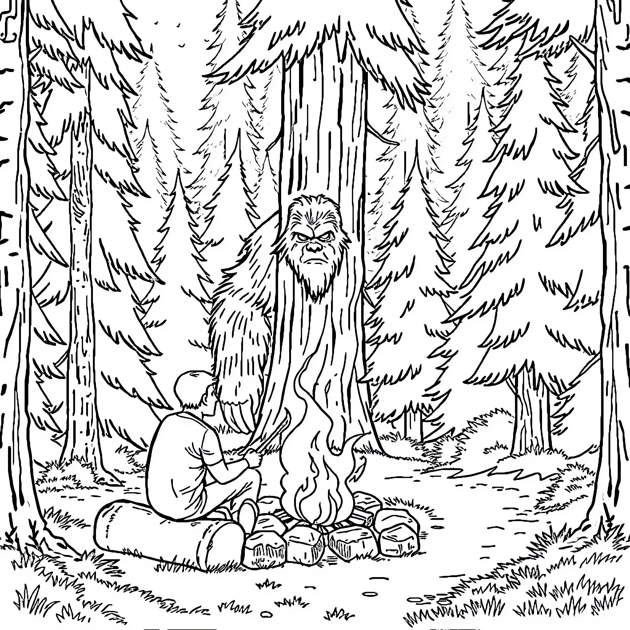 Man sitting by campfire in dense forest Coloring Page (free black-and-white line drawing printable PDF for all, from beginners to advanced learners, including children, teens, adults, and seniors)