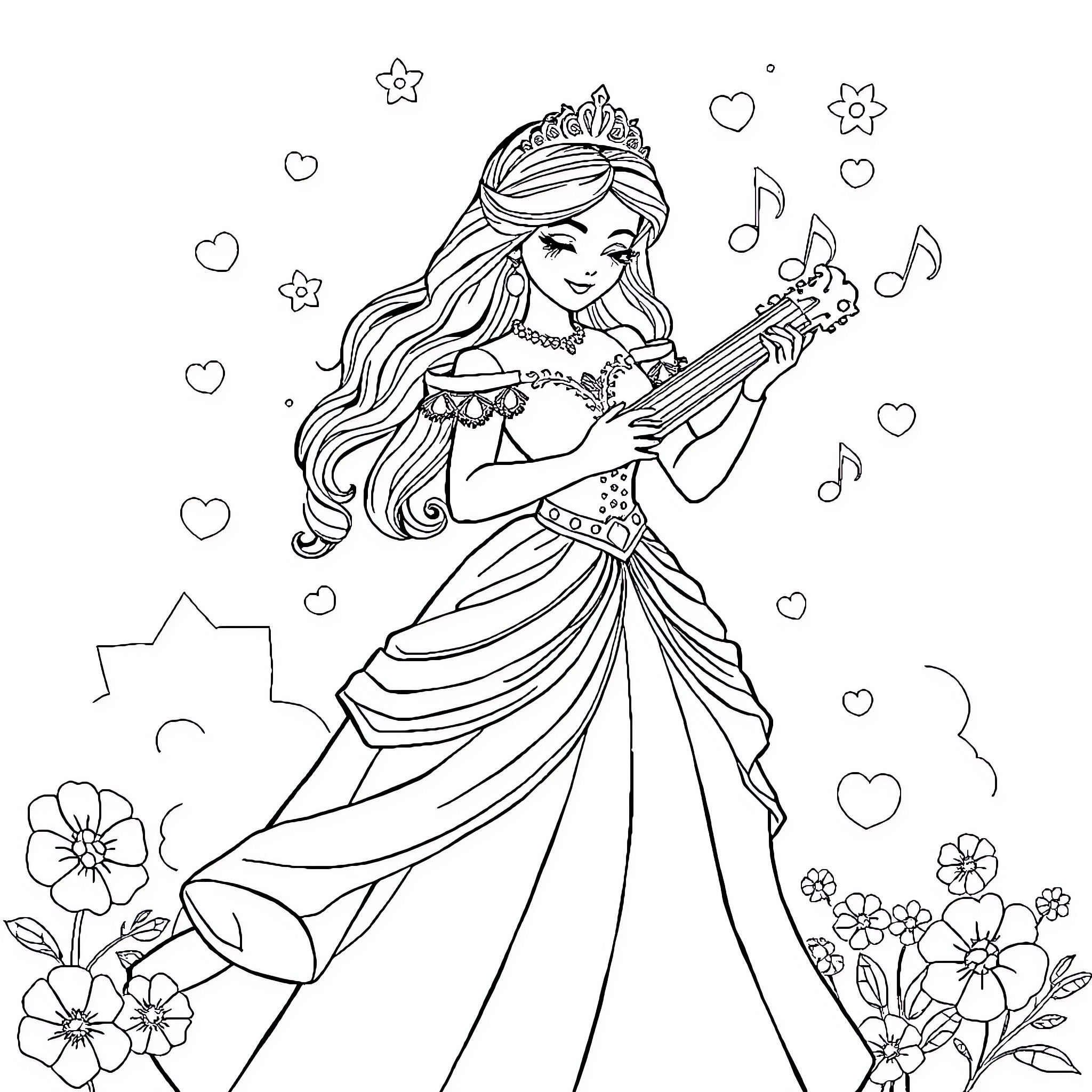 Princess Playing a Musical Instrument in a Floral Scene Coloring Page (free black-and-white line drawing printable PDF for all, from beginners to advanced learners, including children, teens, adults, and seniors)