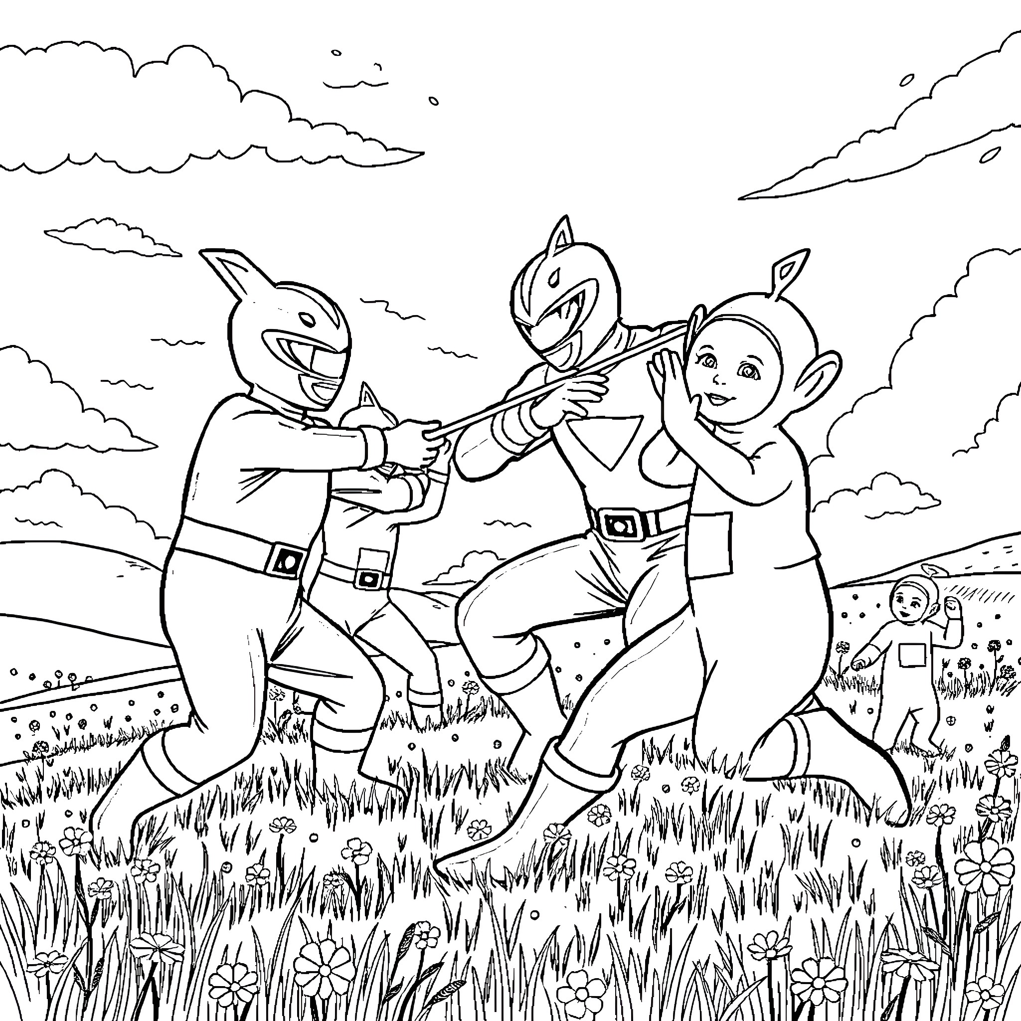 Power Rangers in Action-Packed Outdoor Adventure Coloring Page (free black-and-white line drawing printable PDF for all, from beginners to advanced learners, including children, teens, adults, and seniors)