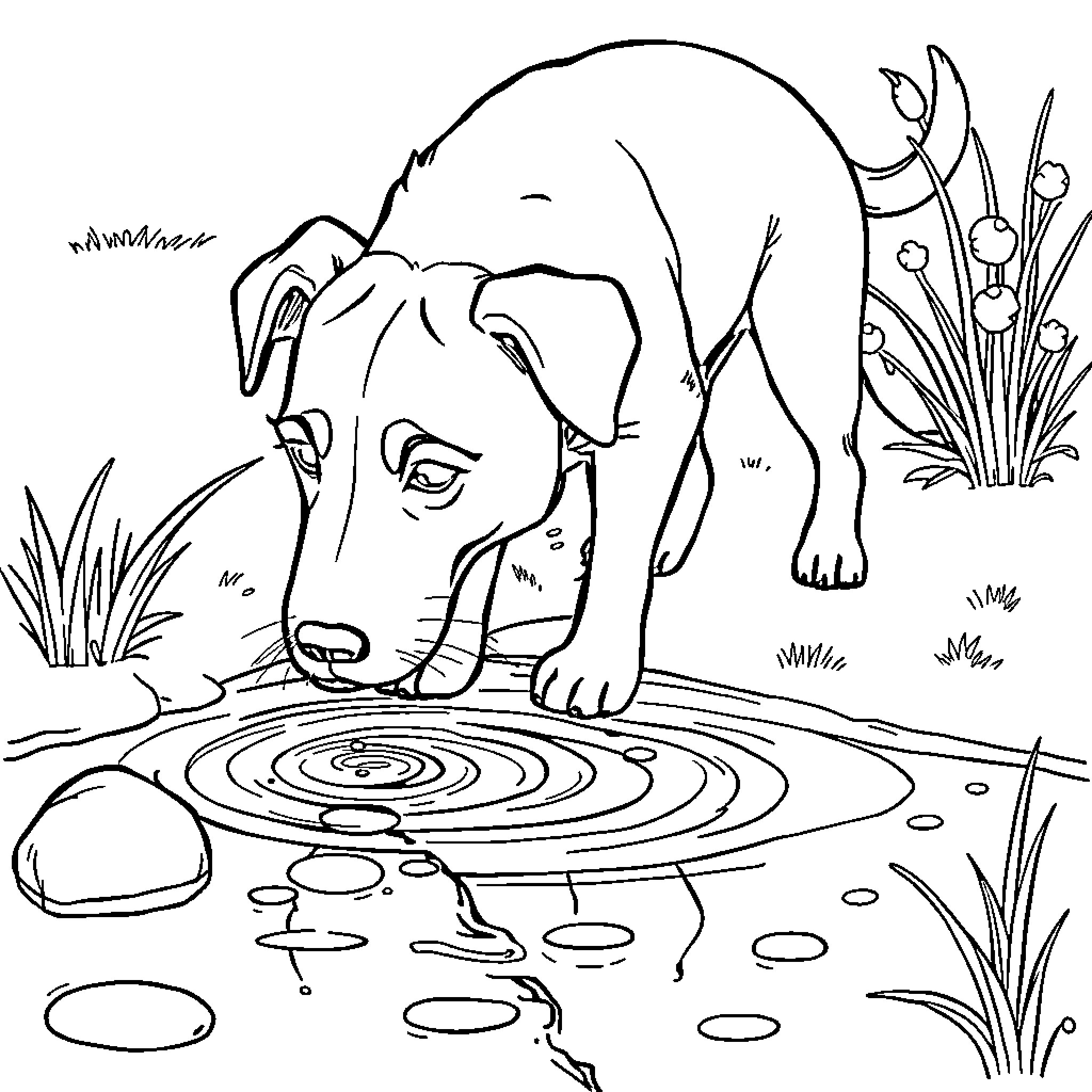 Dog exploring a puddle in nature Coloring Page (free black-and-white line drawing printable PDF for all, from beginners to advanced learners, including children, teens, adults, and seniors)