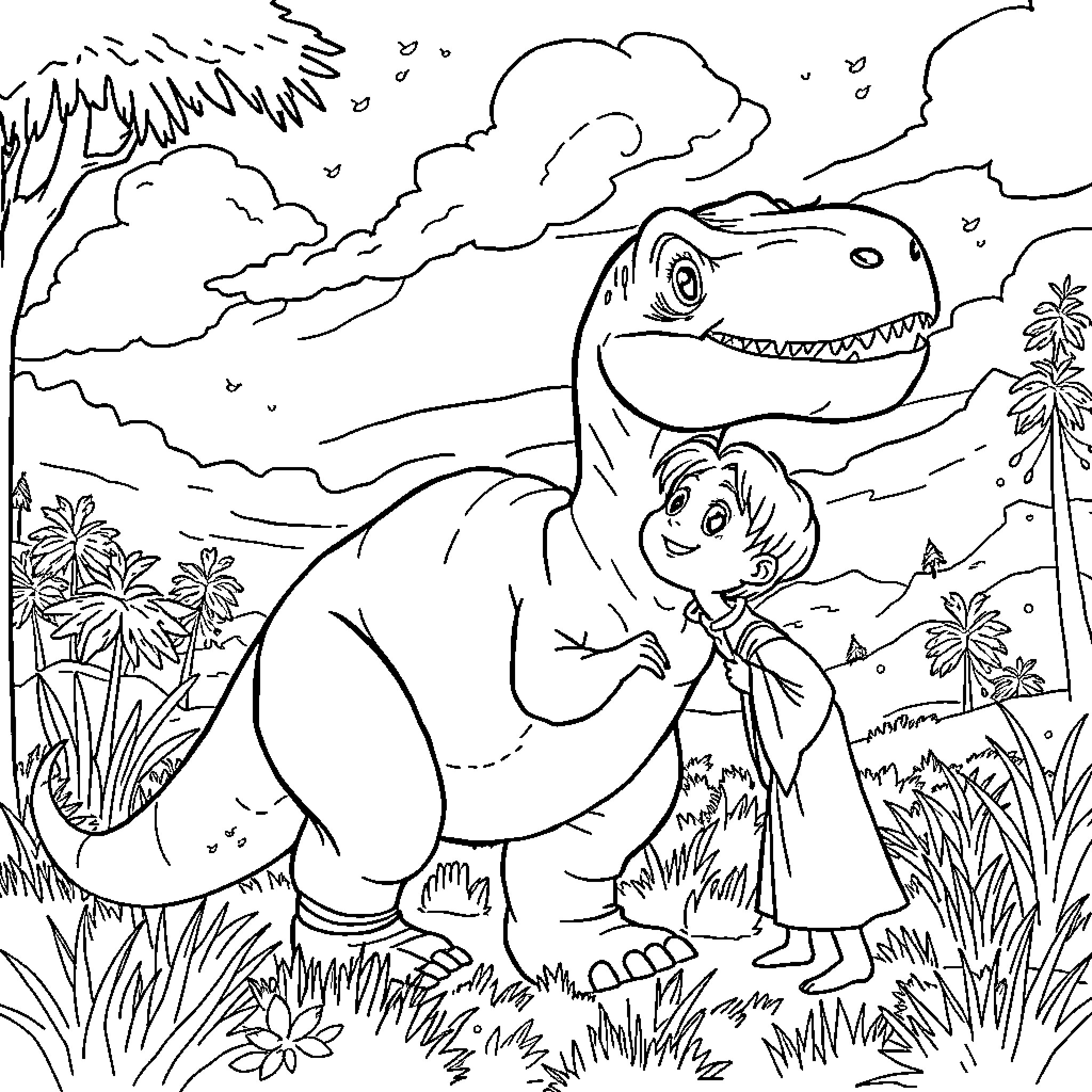 Boy encountering friendly dinosaur in the wilderness Coloring Page (free black-and-white line drawing printable PDF for all, from beginners to advanced learners, including children, teens, adults, and seniors)
