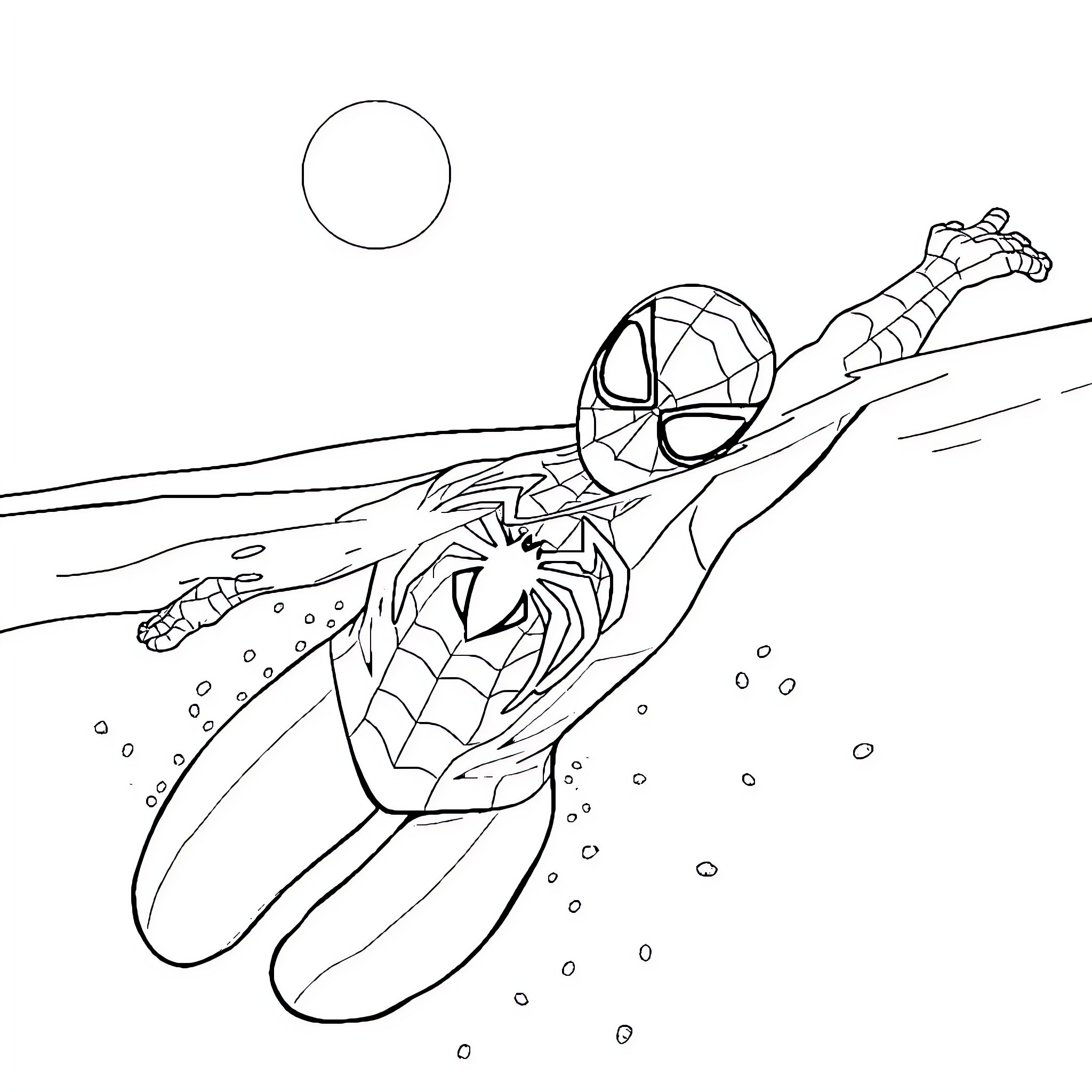 Spiderman swinging through the city on webs Coloring Page (free black-and-white line drawing printable PDF for all, from beginners to advanced learners, including children, teens, adults, and seniors)