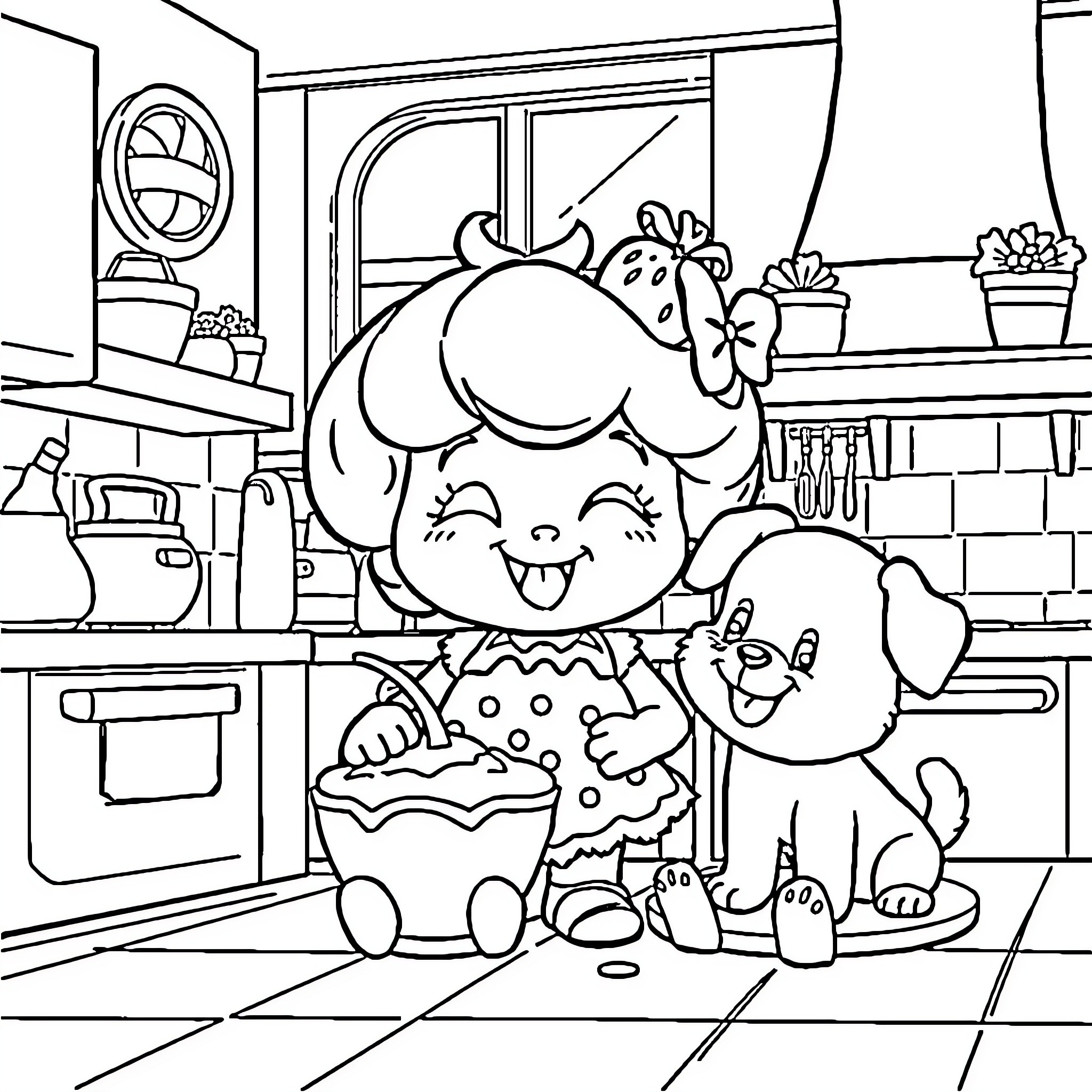 Strawberry Shortcake baking with her pet in the kitchen Coloring Page (free black-and-white line drawing printable PDF for all, from beginners to advanced learners, including children, teens, adults, and seniors)