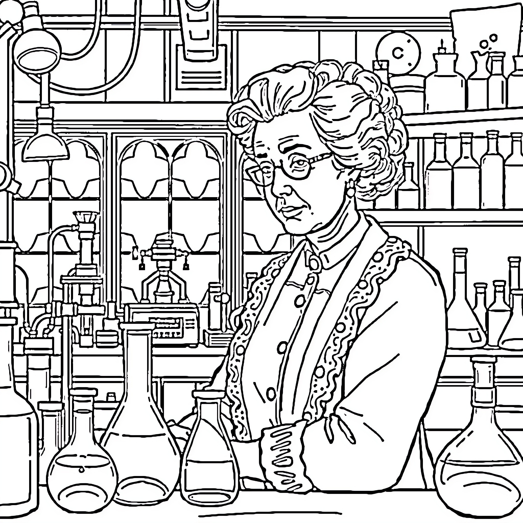 Marie Curie in Her Laboratory Conducting Scientific Research Coloring Page (free black-and-white line drawing printable PDF for all, from beginners to advanced learners, including children, teens, adults, and seniors)