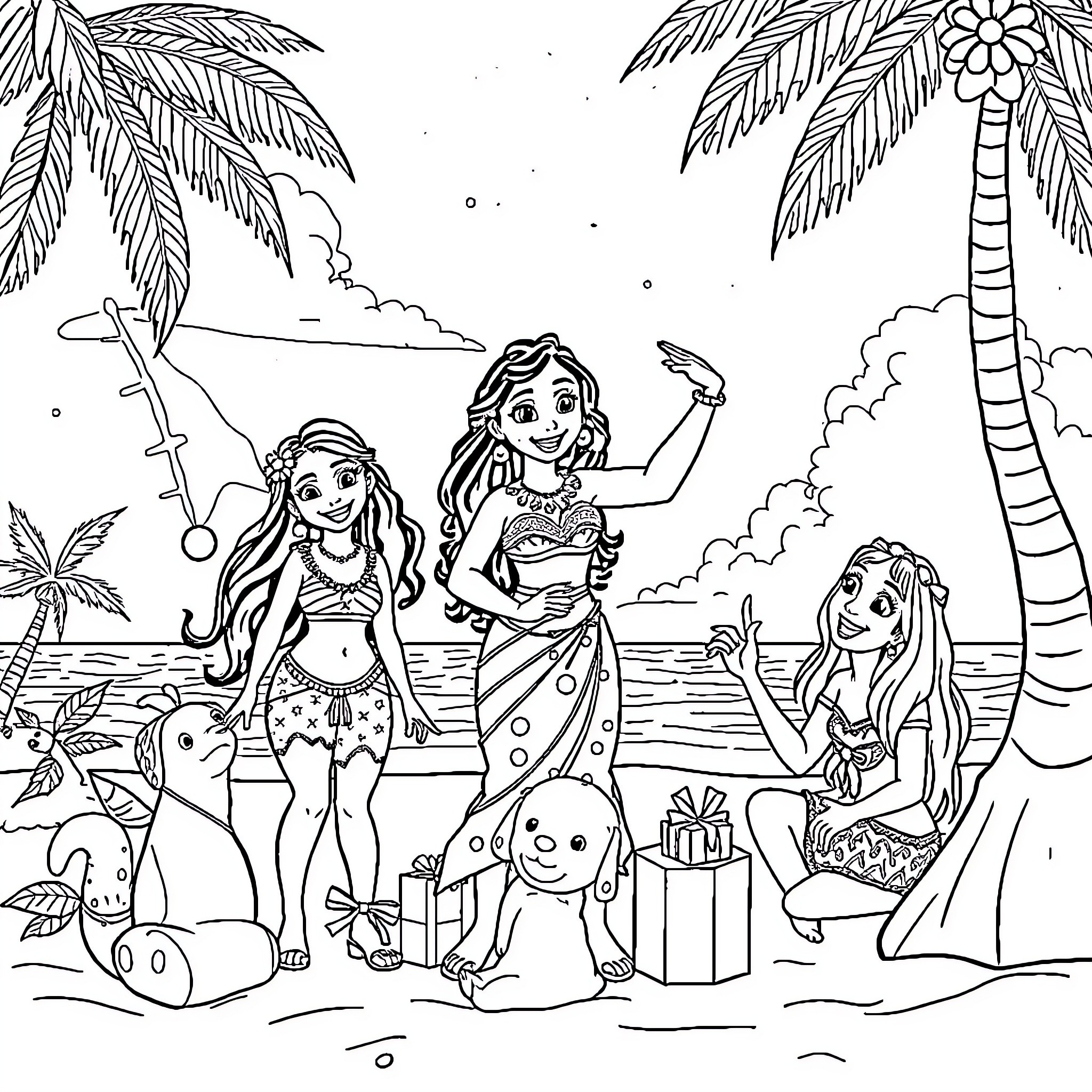 Vaiana enjoying tropical island with friends Coloring Page (free black-and-white line drawing printable PDF for all, from beginners to advanced learners, including children, teens, adults, and seniors)