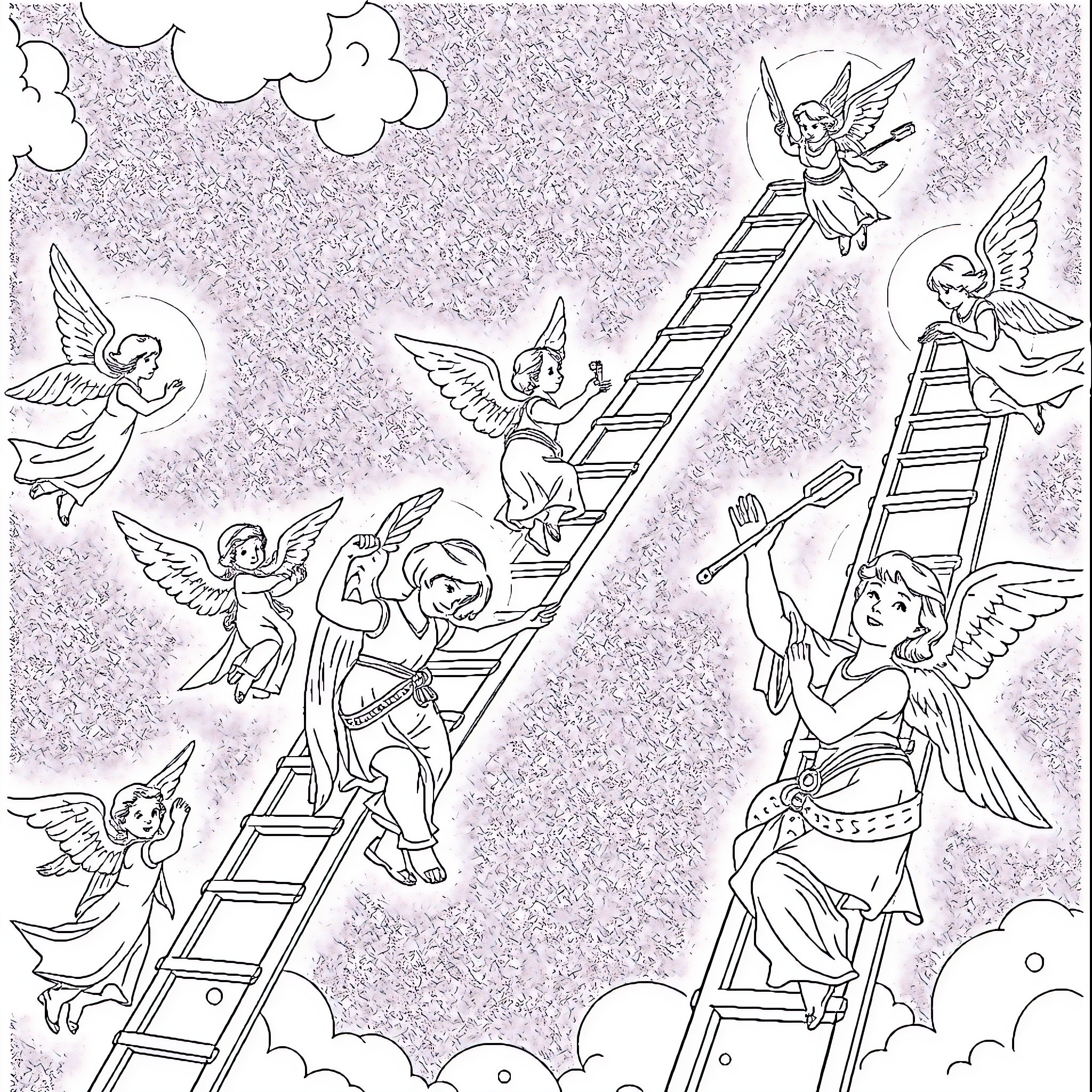 Angel Ascent to the Heavenly Realm Coloring Page (free black-and-white line drawing printable PDF for all, from beginners to advanced learners, including children, teens, adults, and seniors)