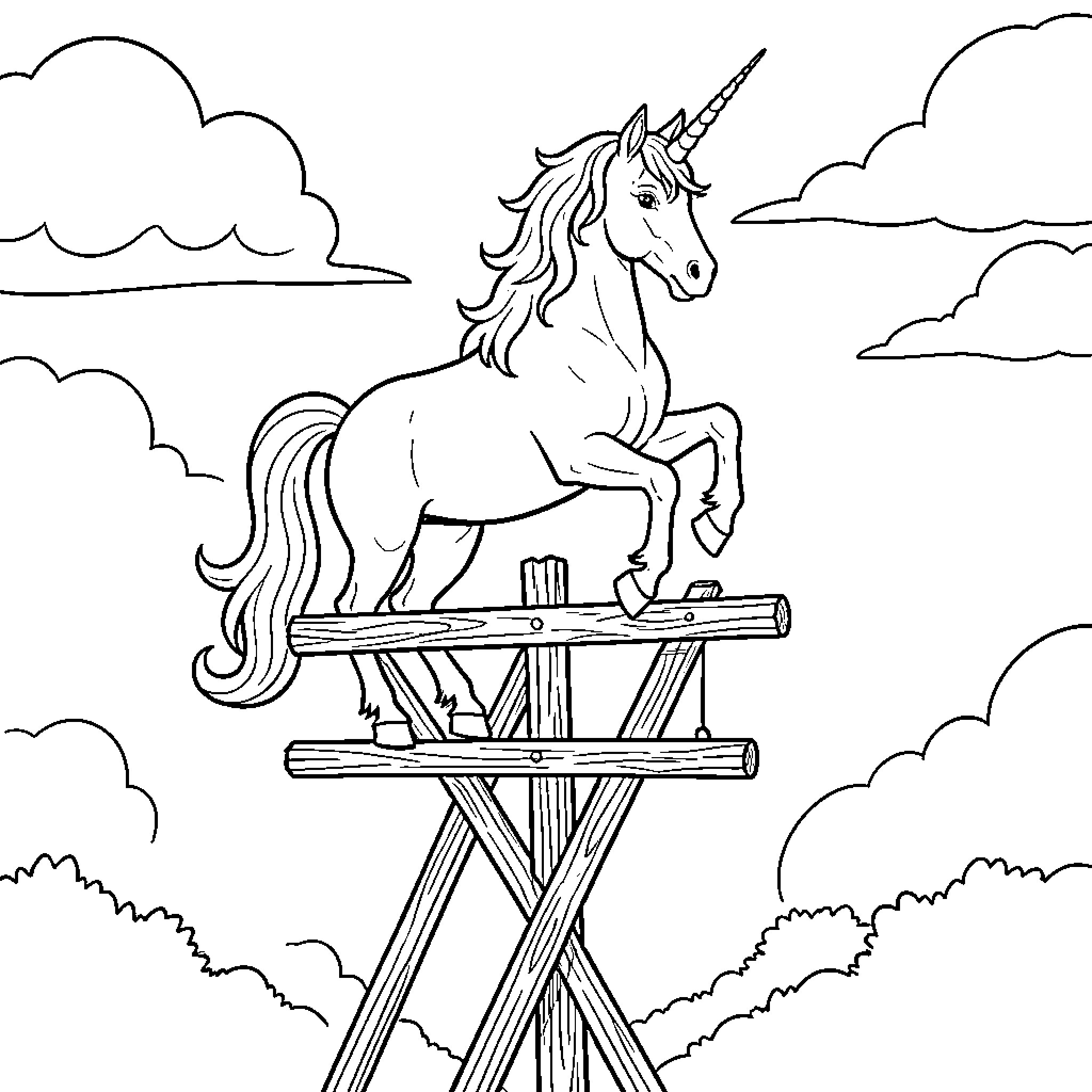 Unicorn standing proudly on a wooden structure Coloring Page (free black-and-white line drawing printable PDF for all, from beginners to advanced learners, including children, teens, adults, and seniors)