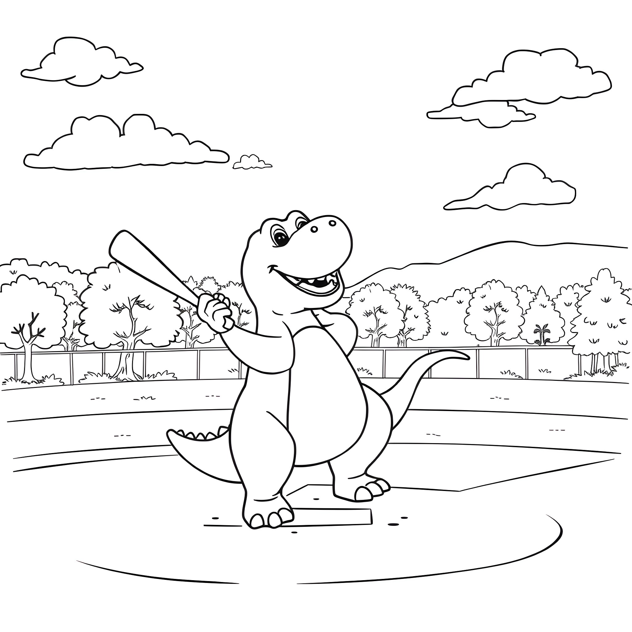 Barney the Friendly Dinosaur Playing Baseball Coloring Page (free black-and-white line drawing printable PDF for all, from beginners to advanced learners, including children, teens, adults, and seniors)