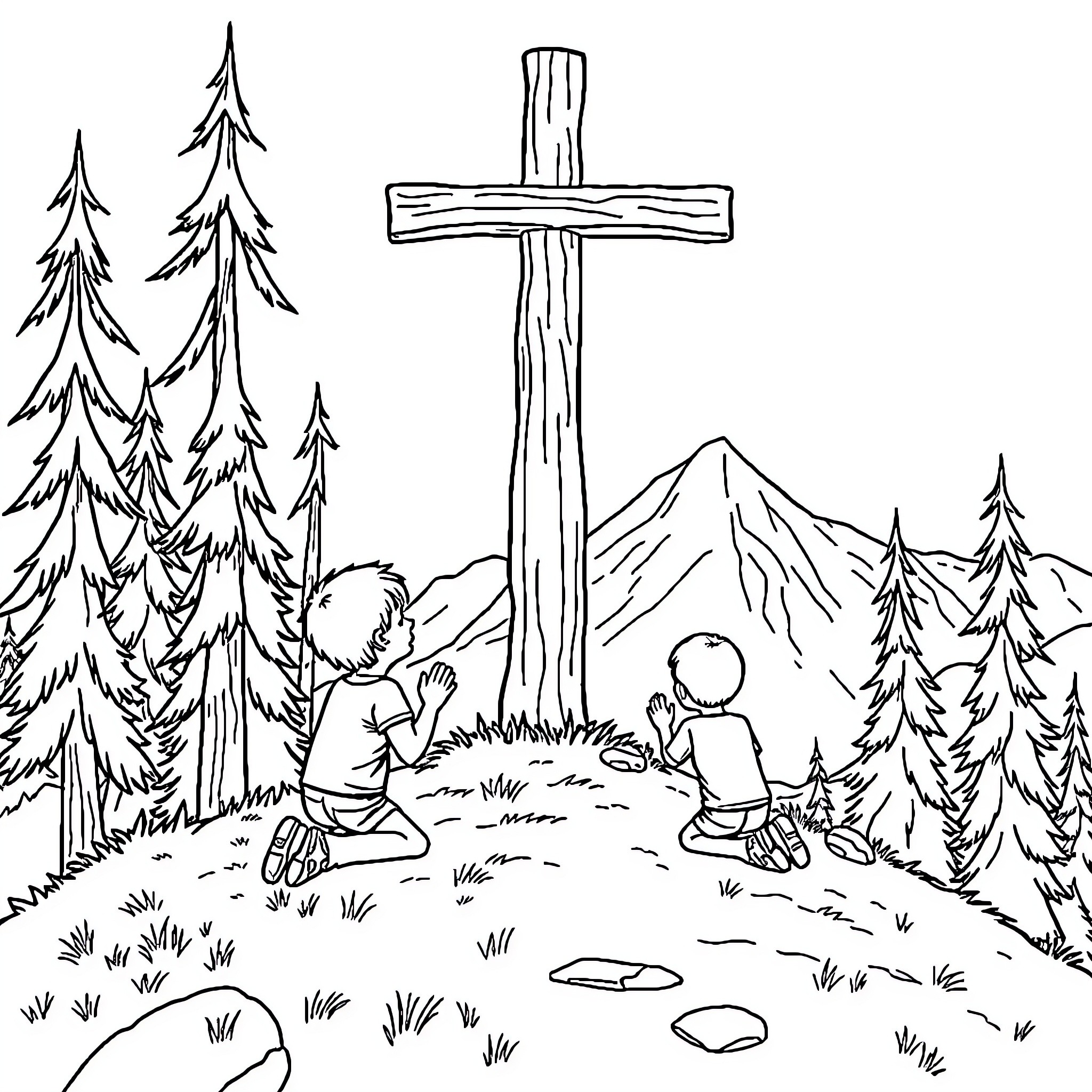 Cross in the wilderness with figures praying Coloring Page (free black-and-white line drawing printable PDF for all, from beginners to advanced learners, including children, teens, adults, and seniors)