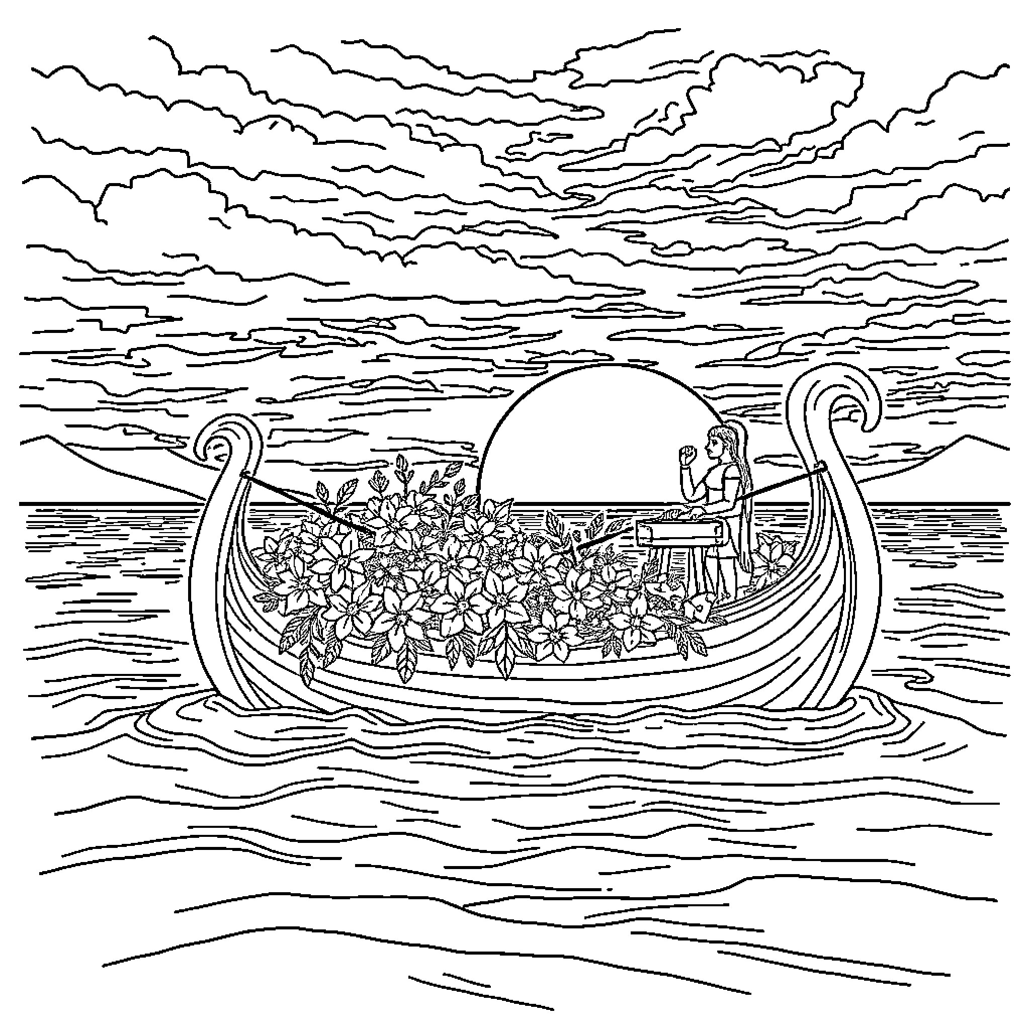 Viking Boat Filled with Flowers Sailing on Serene Waters Coloring Page (free black-and-white line drawing printable PDF for all, from beginners to advanced learners, including children, teens, adults, and seniors)