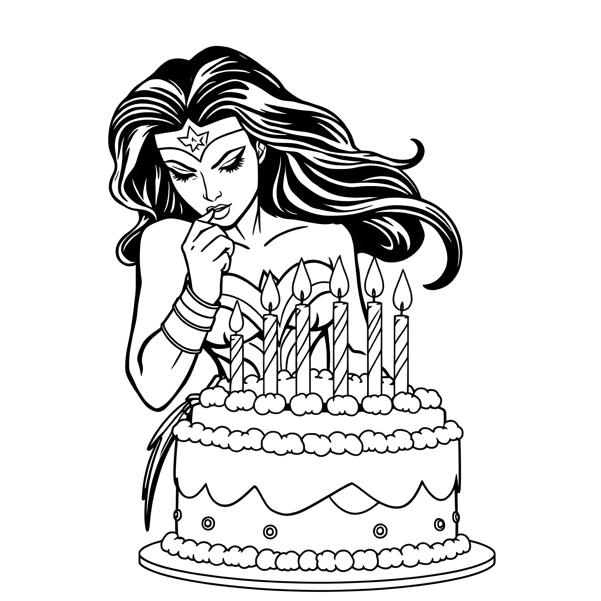 Wonder Woman Celebrating Birthday with Cake Coloring Page (free black-and-white line drawing printable PDF for all, from beginners to advanced learners, including children, teens, adults, and seniors)
