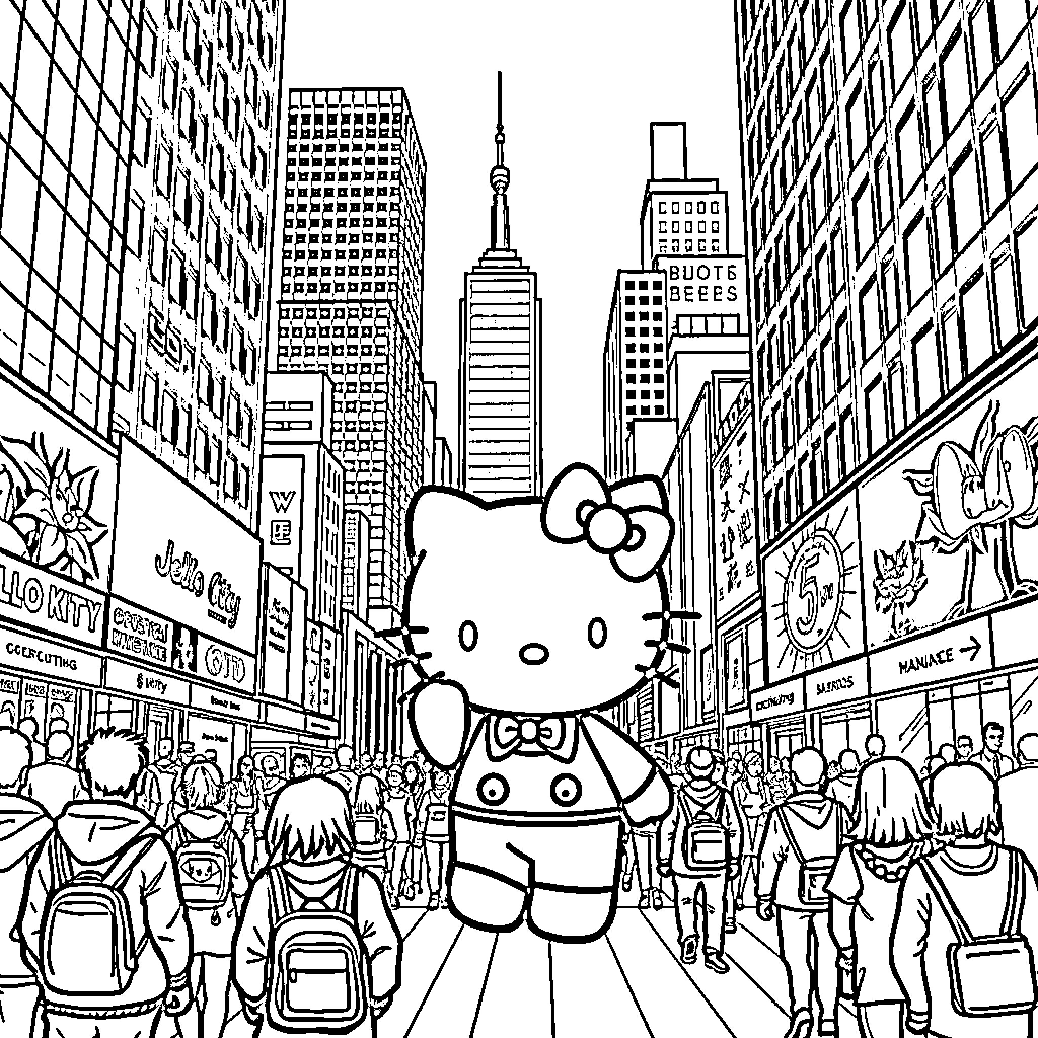 Hello Kitty in the Bustling City Streets Coloring Page (free black-and-white line drawing printable PDF for all, from beginners to advanced learners, including children, teens, adults, and seniors)
