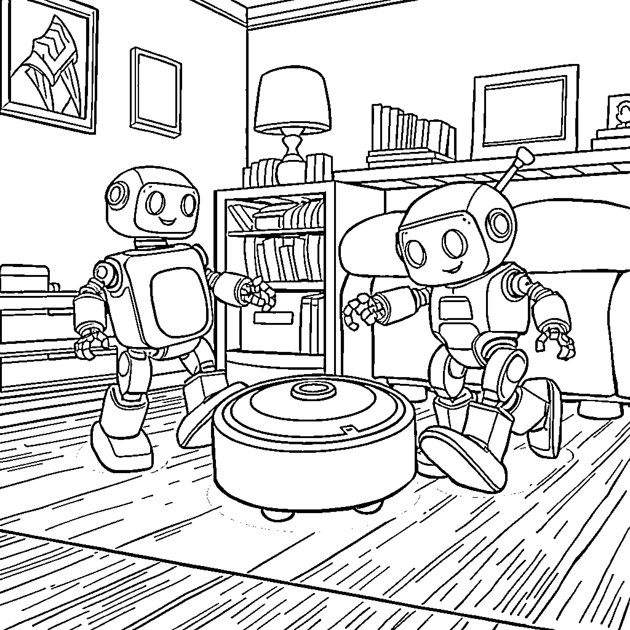 Robot Companions Exploring a Cozy Living Room Coloring Page (free black-and-white line drawing printable PDF for all, from beginners to advanced learners, including children, teens, adults, and seniors)