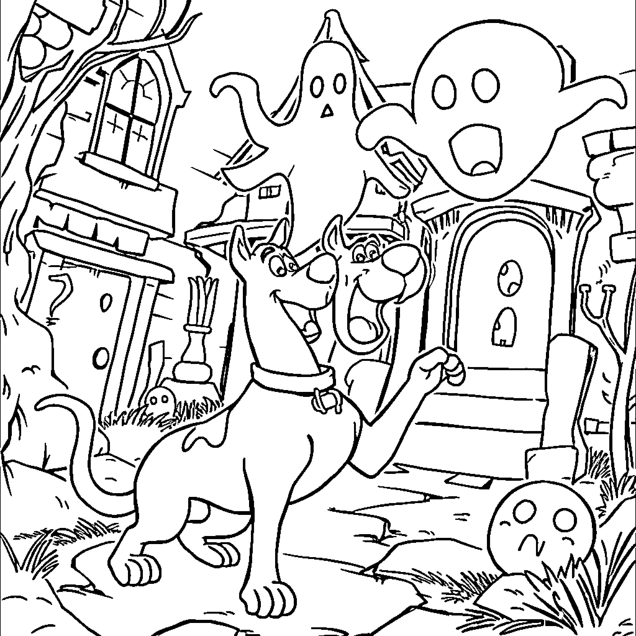 Scooby Doo and the Spooky Haunted House Adventure Coloring Page (free black-and-white line drawing printable PDF for all, from beginners to advanced learners, including children, teens, adults, and seniors)
