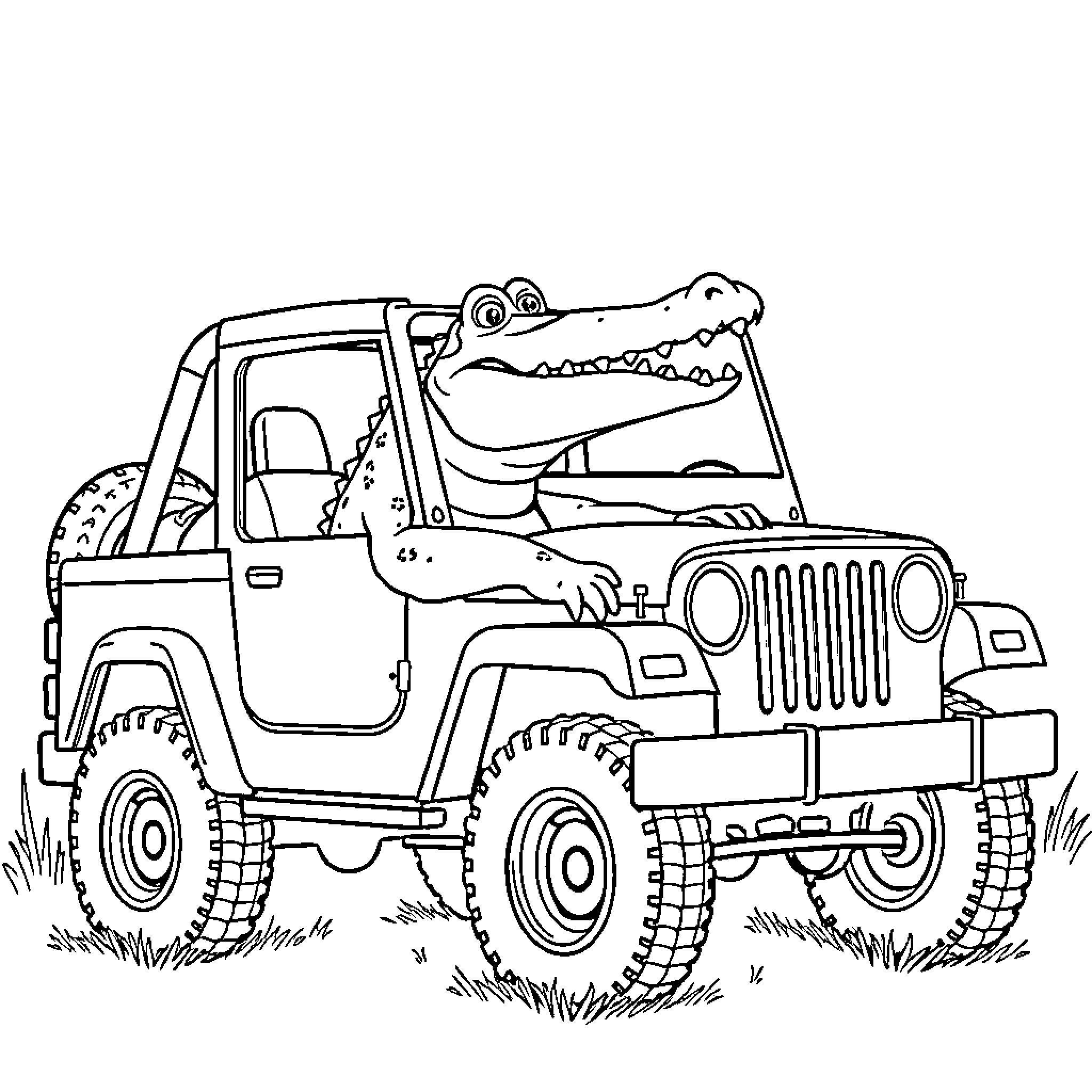 Alligator driving an off-road vehicle in the wild Coloring Page (free black-and-white line drawing printable PDF for all, from beginners to advanced learners, including children, teens, adults, and seniors)