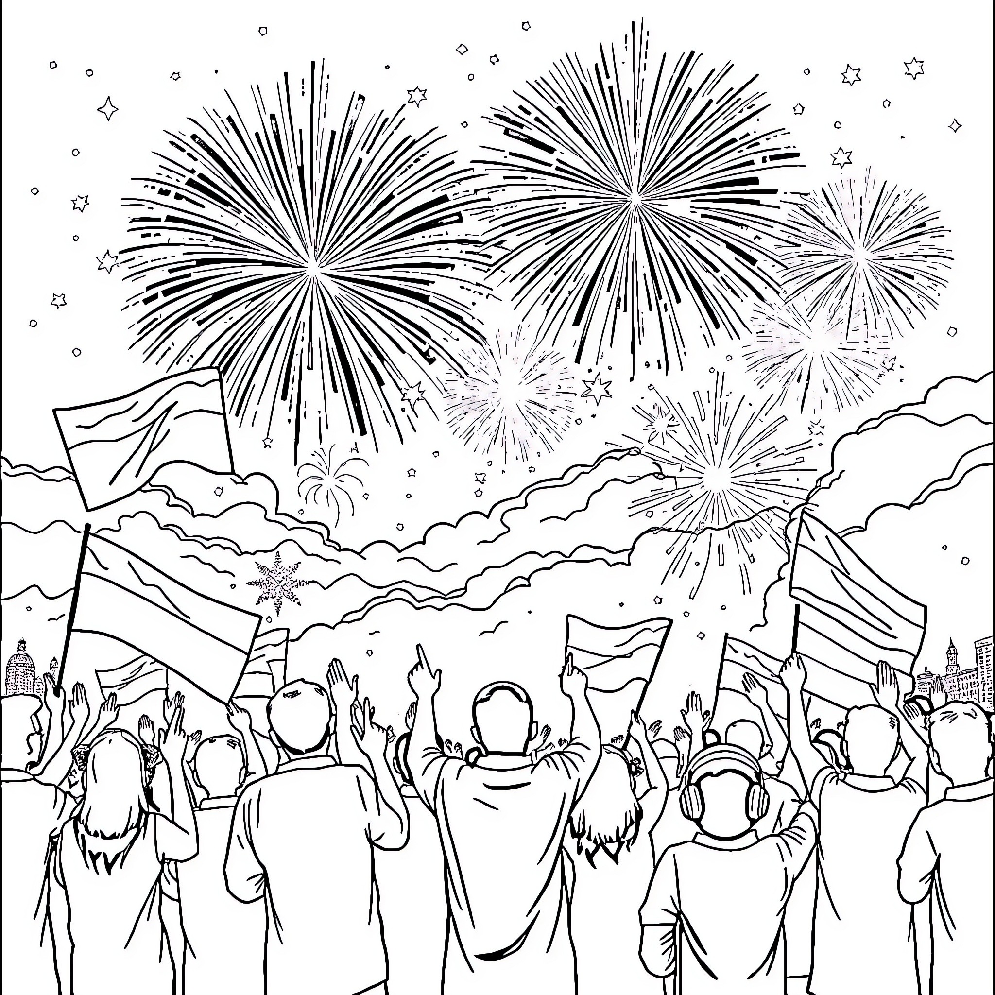 Indonesian Independence Celebration with Fireworks and People Coloring Page (free black-and-white line drawing printable PDF for all, from beginners to advanced learners, including children, teens, adults, and seniors)