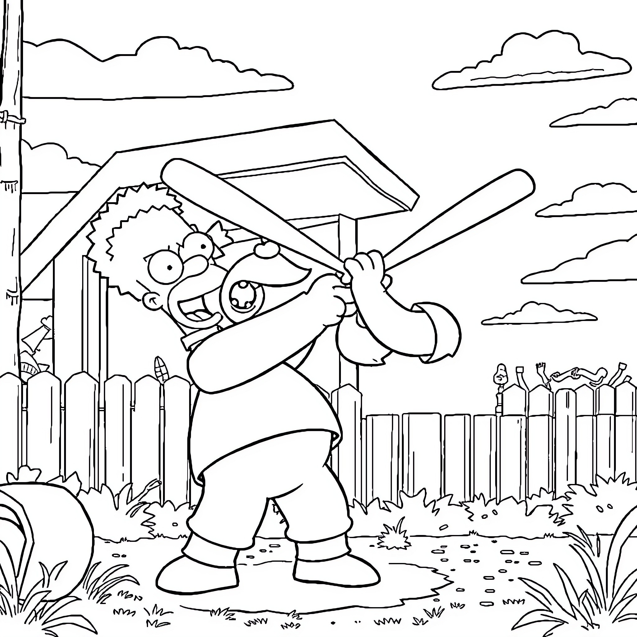 Homer Simpson swinging a baseball bat in the backyard Coloring Page (free black-and-white line drawing printable PDF for all, from beginners to advanced learners, including children, teens, adults, and seniors)