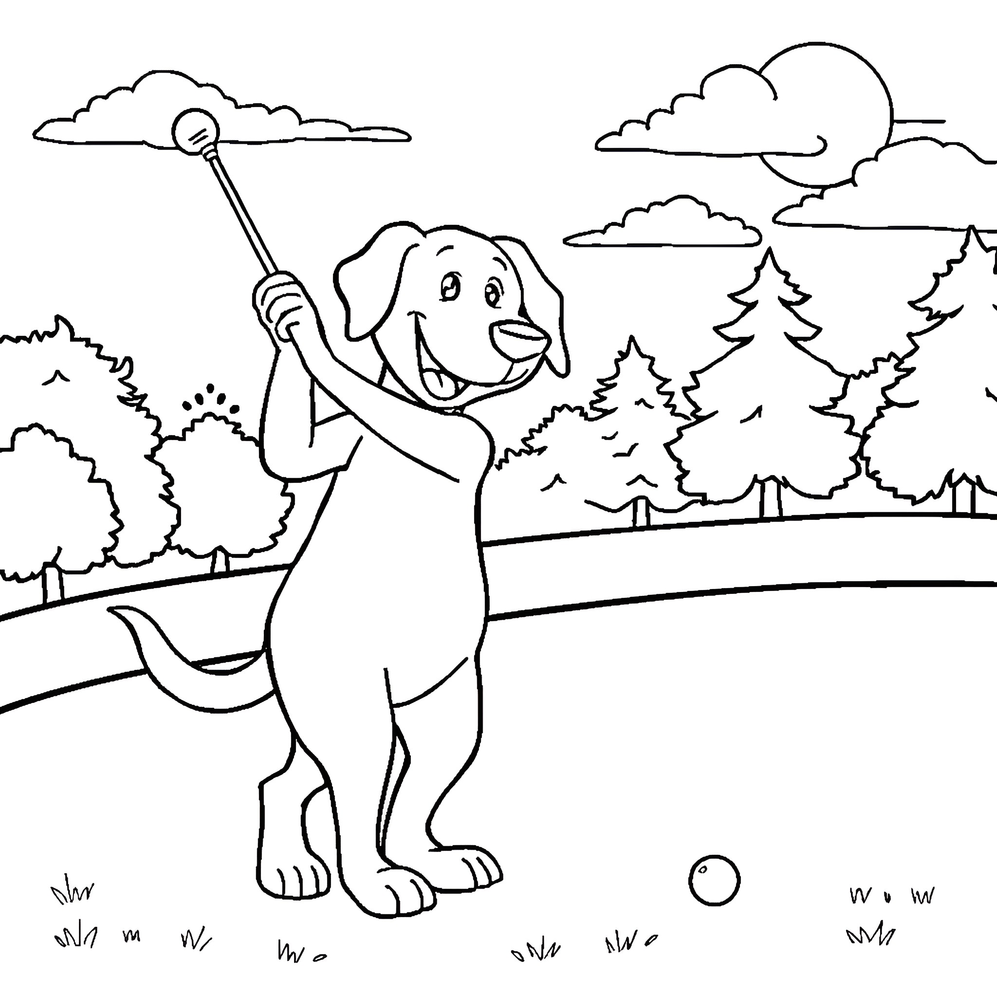 Lab Dog Playing Outdoors with Ball Coloring Page (free black-and-white line drawing printable PDF for all, from beginners to advanced learners, including children, teens, adults, and seniors)