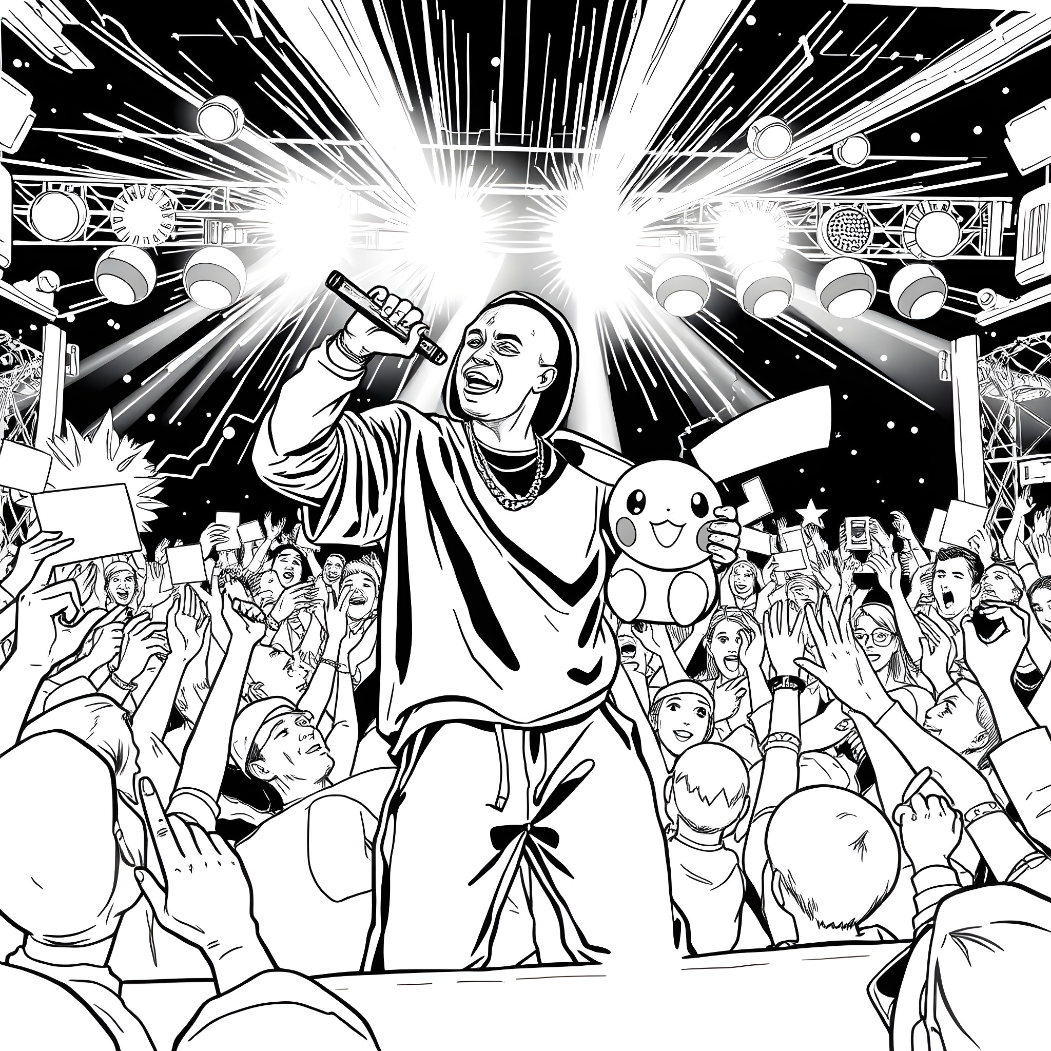 Travis Scott's electrifying performance on stage Coloring Page (free black-and-white line drawing printable PDF for all, from beginners to advanced learners, including children, teens, adults, and seniors)