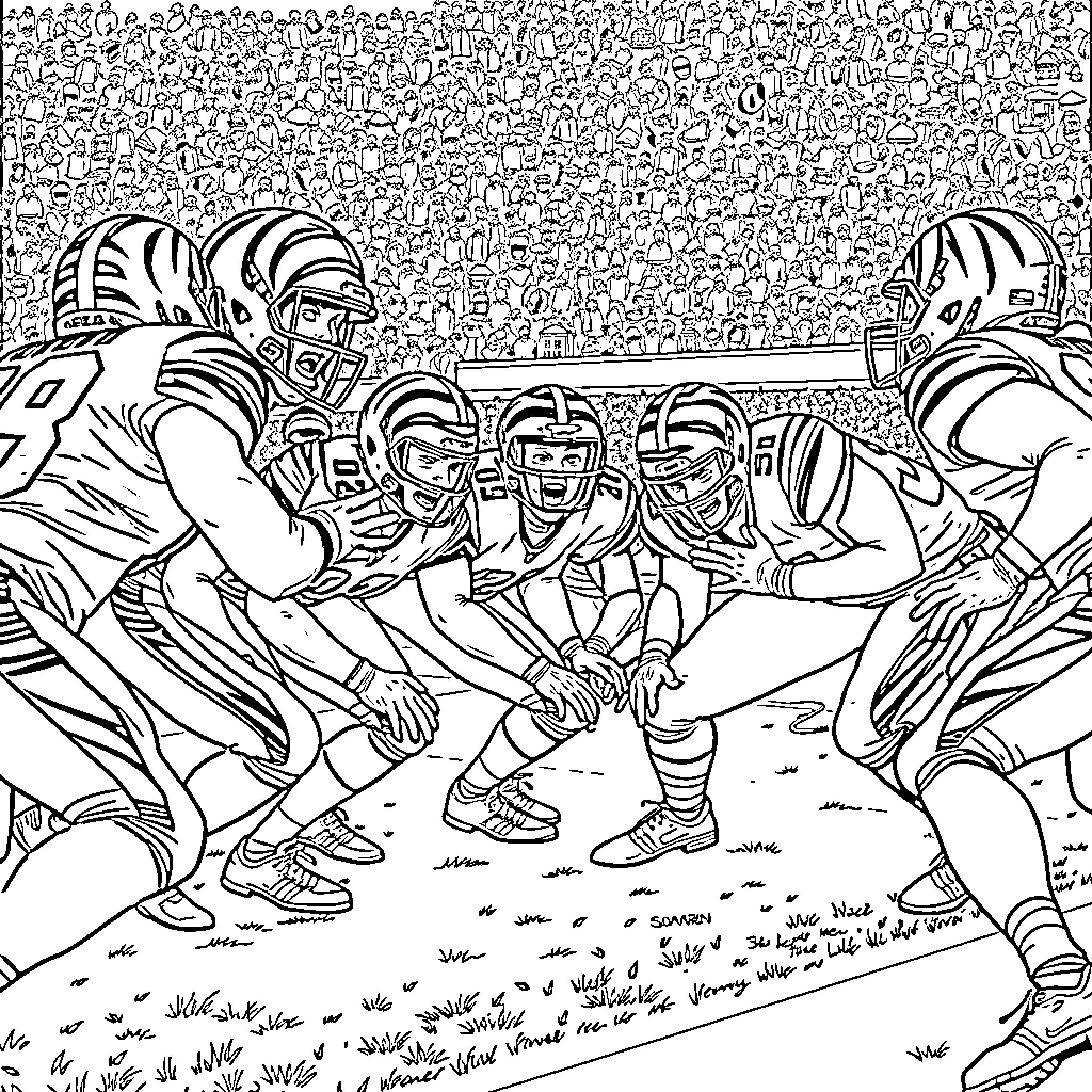 Bengals Football Team Intensity on the Field Coloring Page (free black-and-white line drawing printable PDF for all, from beginners to advanced learners, including children, teens, adults, and seniors)