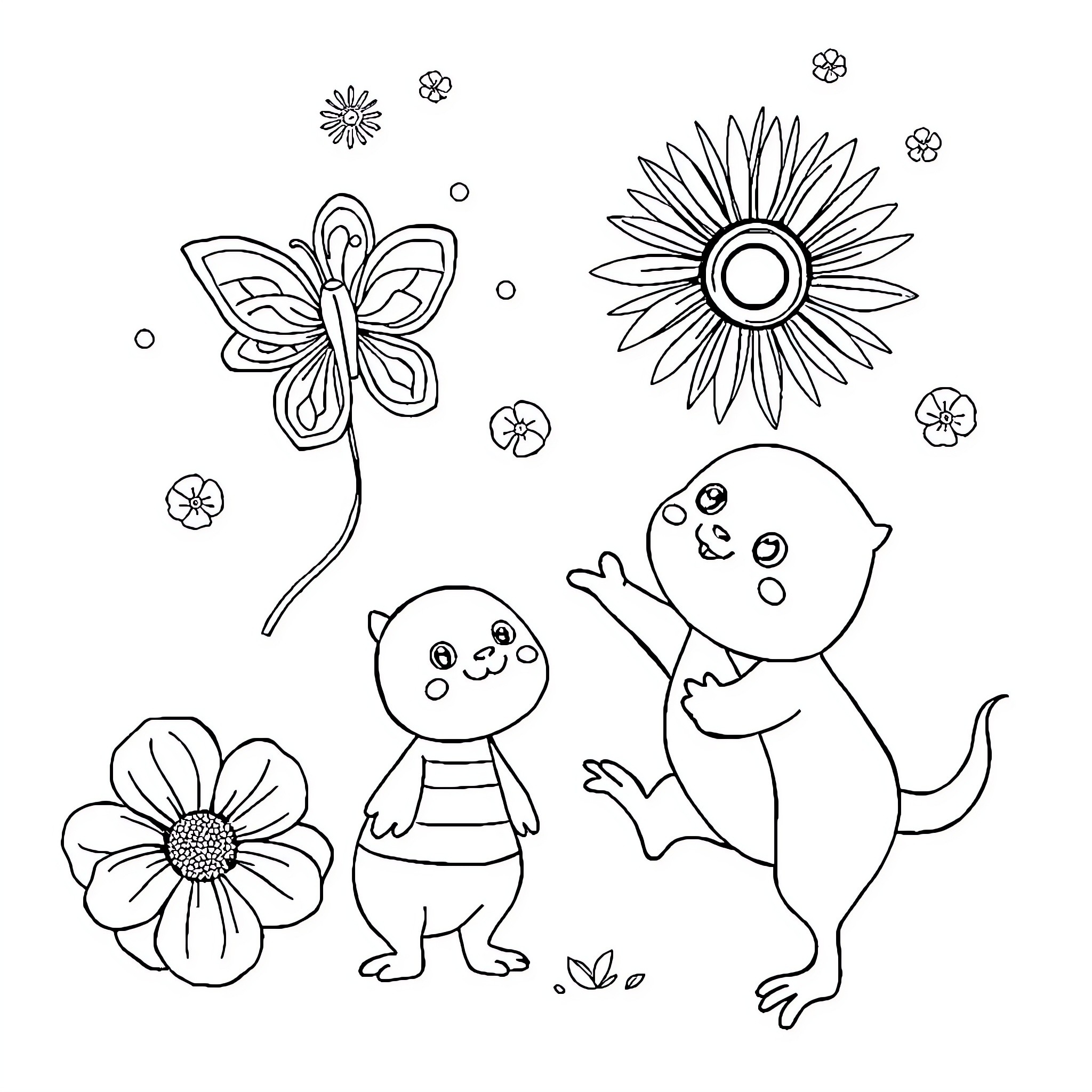 Fantasy characters in a whimsical floral scene Coloring Page (free black-and-white line drawing printable PDF for all, from beginners to advanced learners, including children, teens, adults, and seniors)