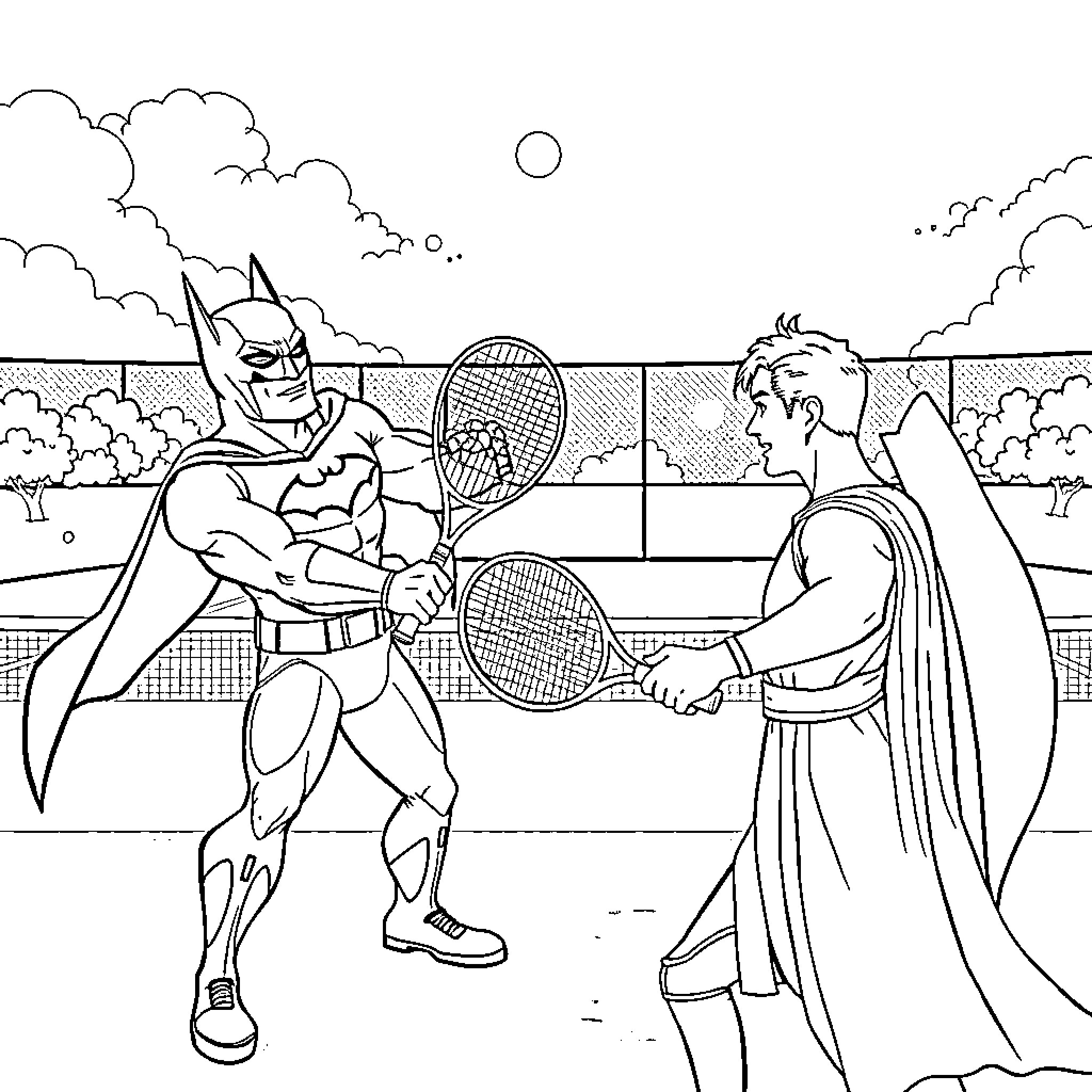 Batman and Opponent Engage in Intense Tennis Match Coloring Page (free black-and-white line drawing printable PDF for all, from beginners to advanced learners, including children, teens, adults, and seniors)