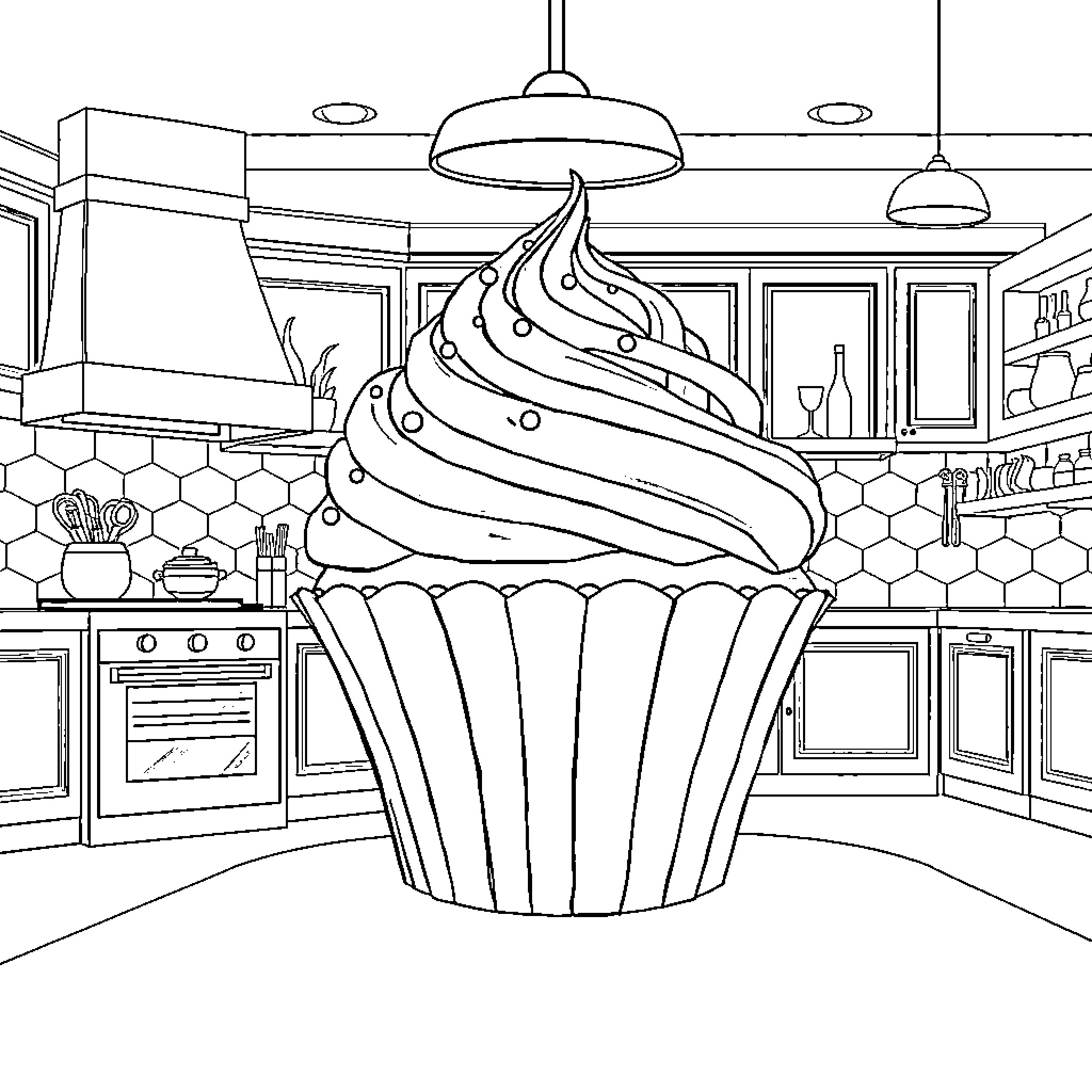 Cupcake in a Cozy Kitchen Coloring Page (free black-and-white line drawing printable PDF for all, from beginners to advanced learners, including children, teens, adults, and seniors)