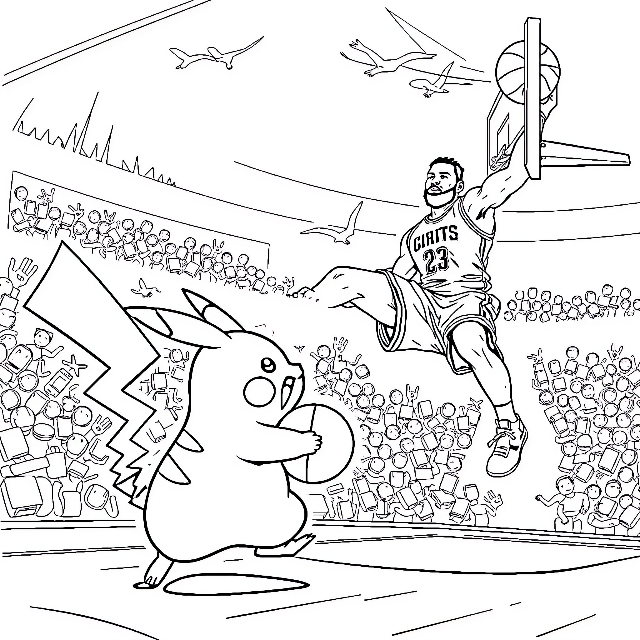Pikachu Cheers for Basketball Player in Sports Arena Coloring Page (free black-and-white line drawing printable PDF for all, from beginners to advanced learners, including children, teens, adults, and seniors)