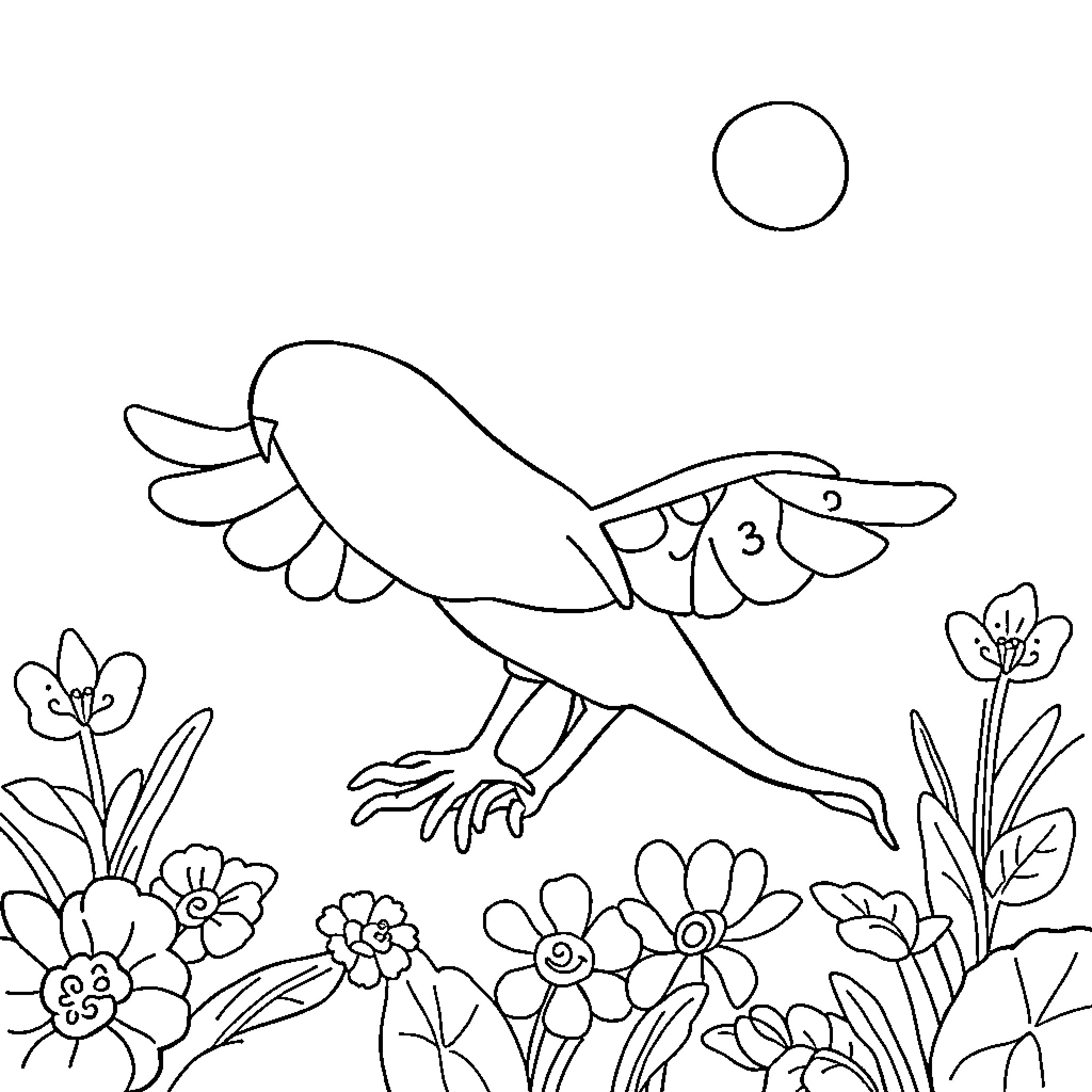 Number 1 Bird Among Flowers Coloring Page (free black-and-white line drawing printable PDF for all, from beginners to advanced learners, including children, teens, adults, and seniors)