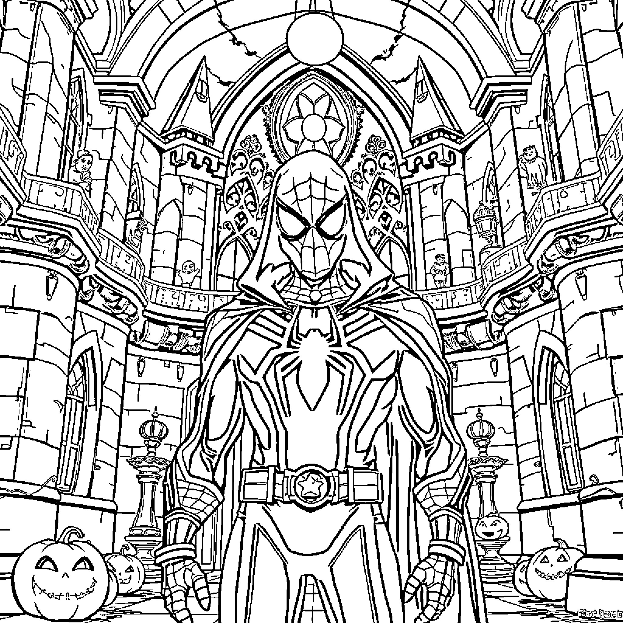 Spiderman in a Spooky Gothic Cathedral Coloring Page (free black-and-white line drawing printable PDF for all, from beginners to advanced learners, including children, teens, adults, and seniors)
