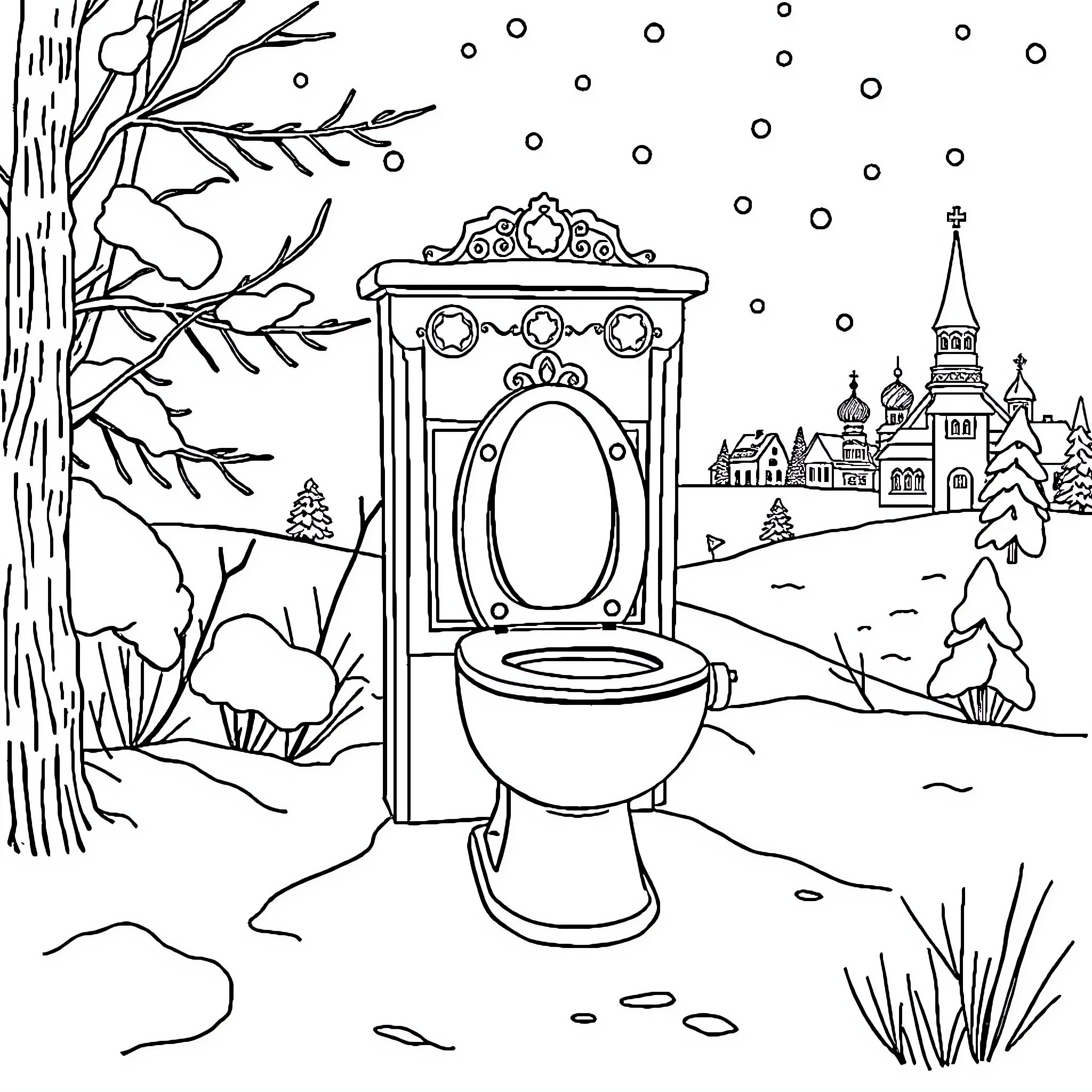 Skibidi Toilet in a Snowy Wonderland Coloring Page (free black-and-white line drawing printable PDF for all, from beginners to advanced learners, including children, teens, adults, and seniors)