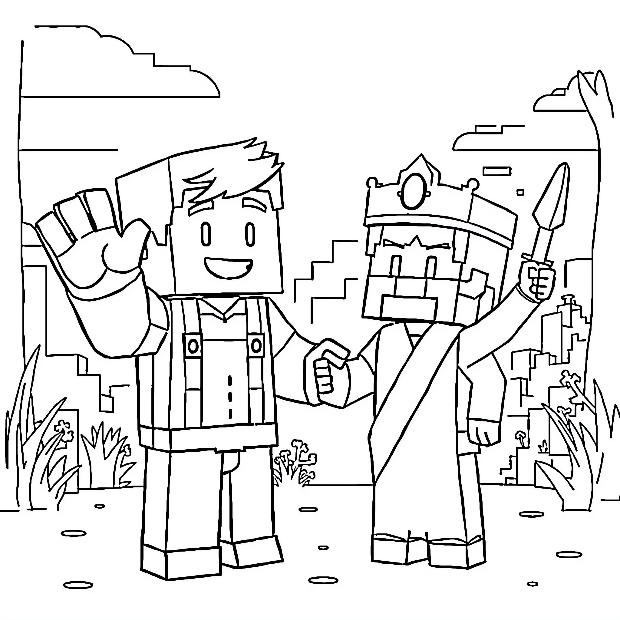 Steve's Robotic Adventure in a Whimsical Landscape Coloring Page (free black-and-white line drawing printable PDF for all, from beginners to advanced learners, including children, teens, adults, and seniors)