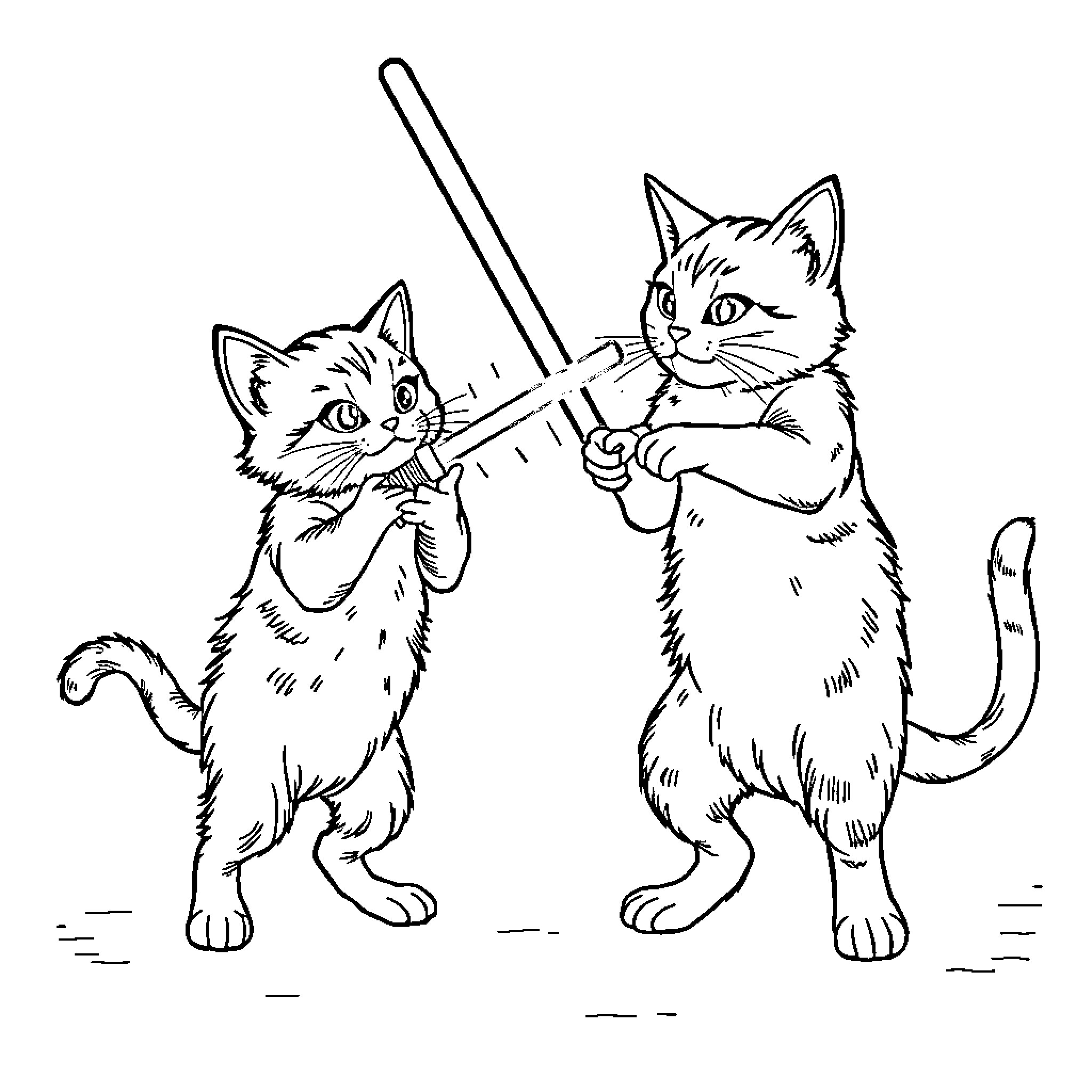 Cats Playing with Lightsabers Coloring Page (free black-and-white line drawing printable PDF for all, from beginners to advanced learners, including children, teens, adults, and seniors)