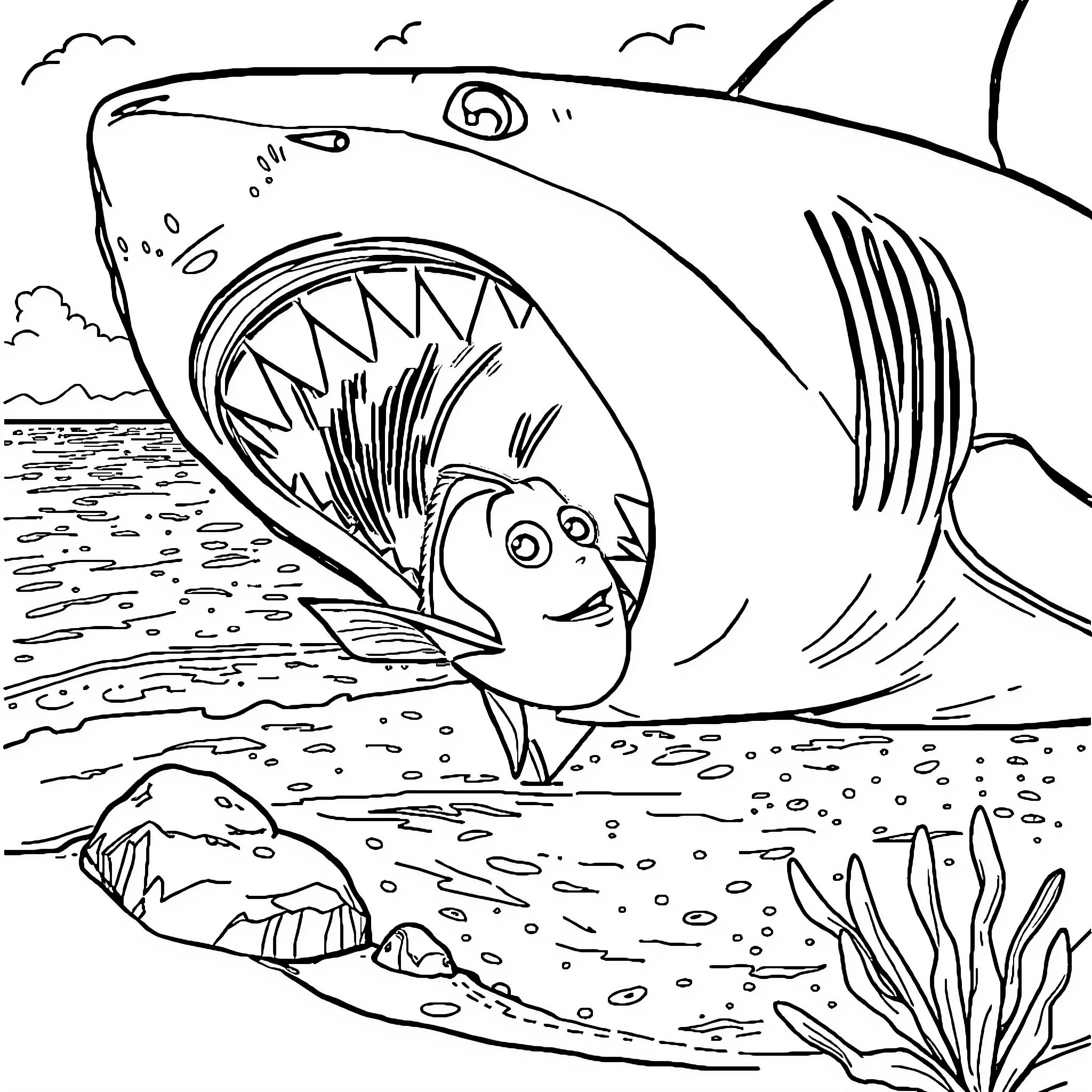 Dory the shark swimming in the ocean Coloring Page (free black-and-white line drawing printable PDF for all, from beginners to advanced learners, including children, teens, adults, and seniors)