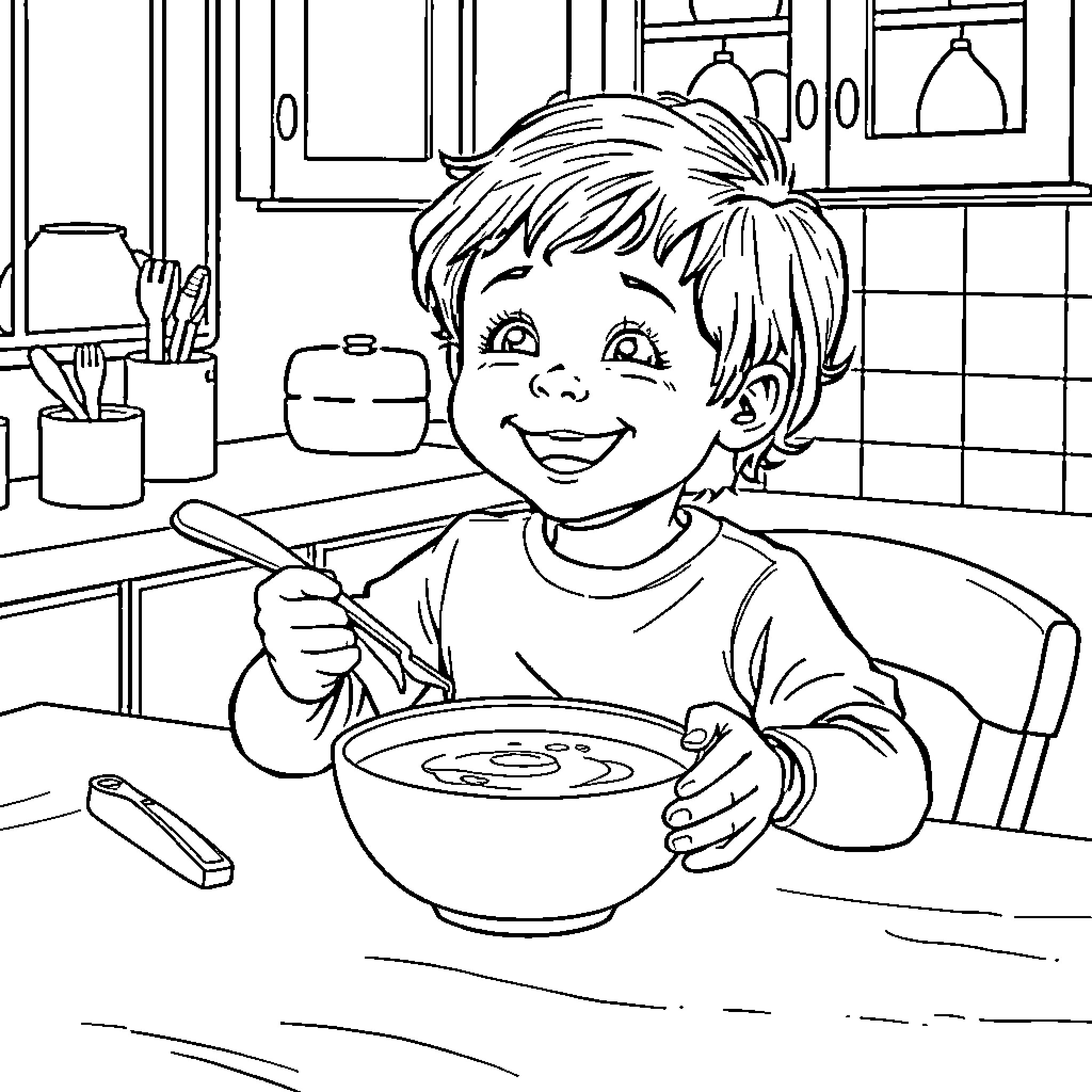 Child happily eating in the kitchen Coloring Page (free black-and-white line drawing printable PDF for all, from beginners to advanced learners, including children, teens, adults, and seniors)