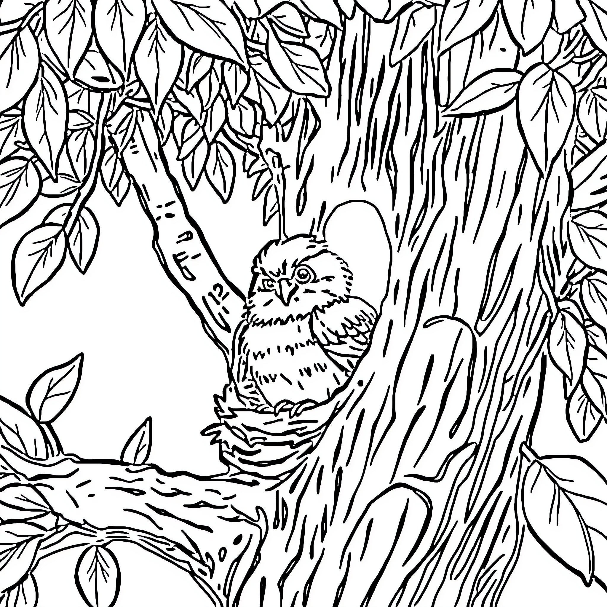 Owl peering from hollow tree trunk Coloring Page (free black-and-white line drawing printable PDF for all, from beginners to advanced learners, including children, teens, adults, and seniors)