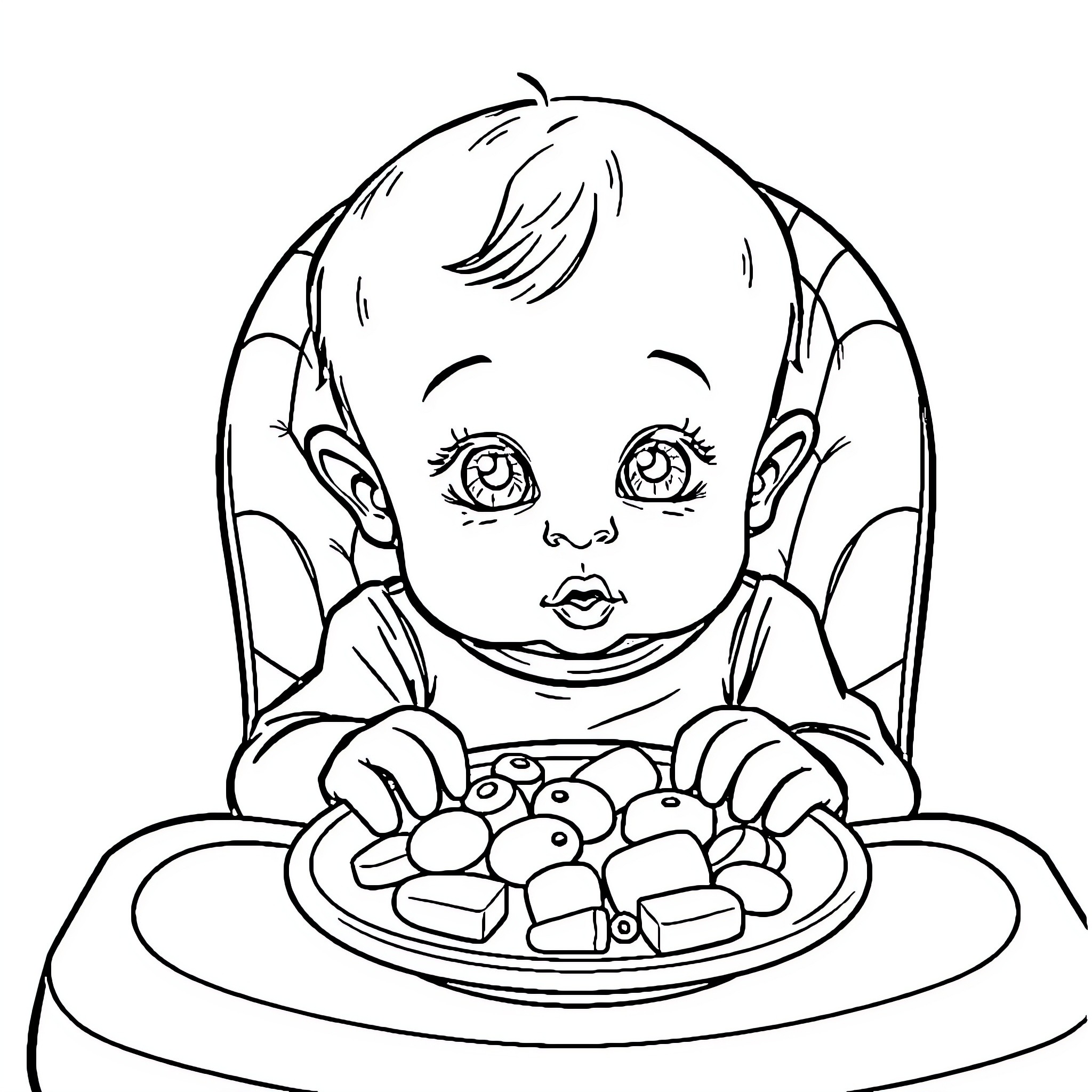 Baby enjoys a tasty snack Coloring Page (free black-and-white line drawing printable PDF for all, from beginners to advanced learners, including children, teens, adults, and seniors)