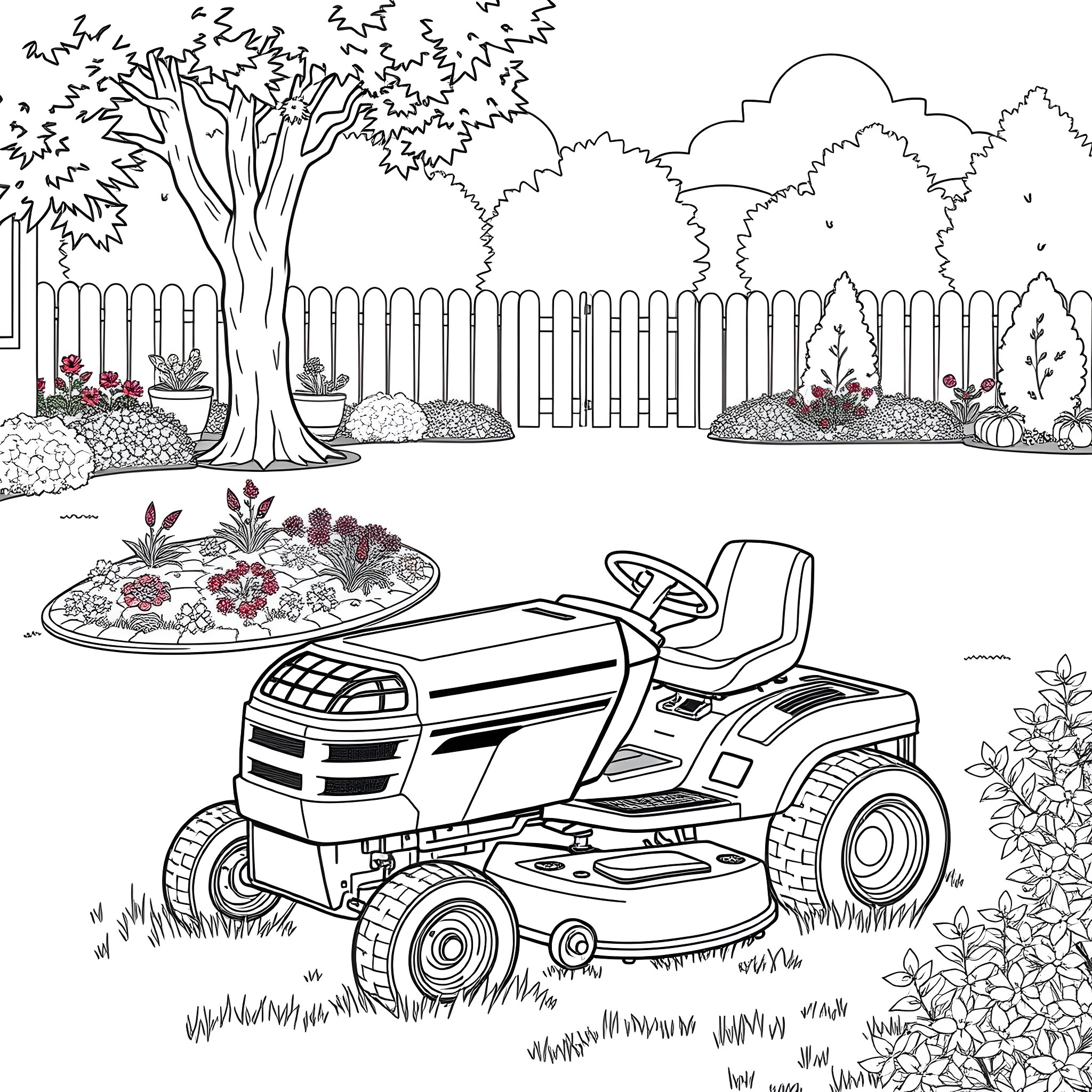 Mower in a peaceful garden landscape Coloring Page (free black-and-white line drawing printable PDF for all, from beginners to advanced learners, including children, teens, adults, and seniors)